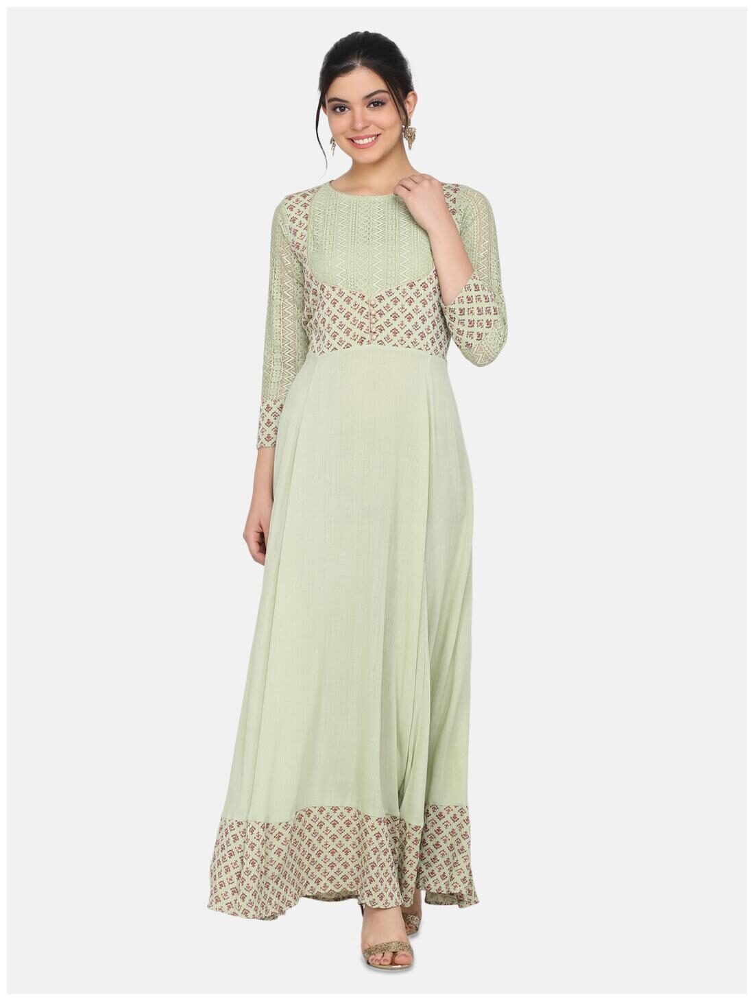 

Ojjasvi Womens Green Viscose Rayon Printed Gown