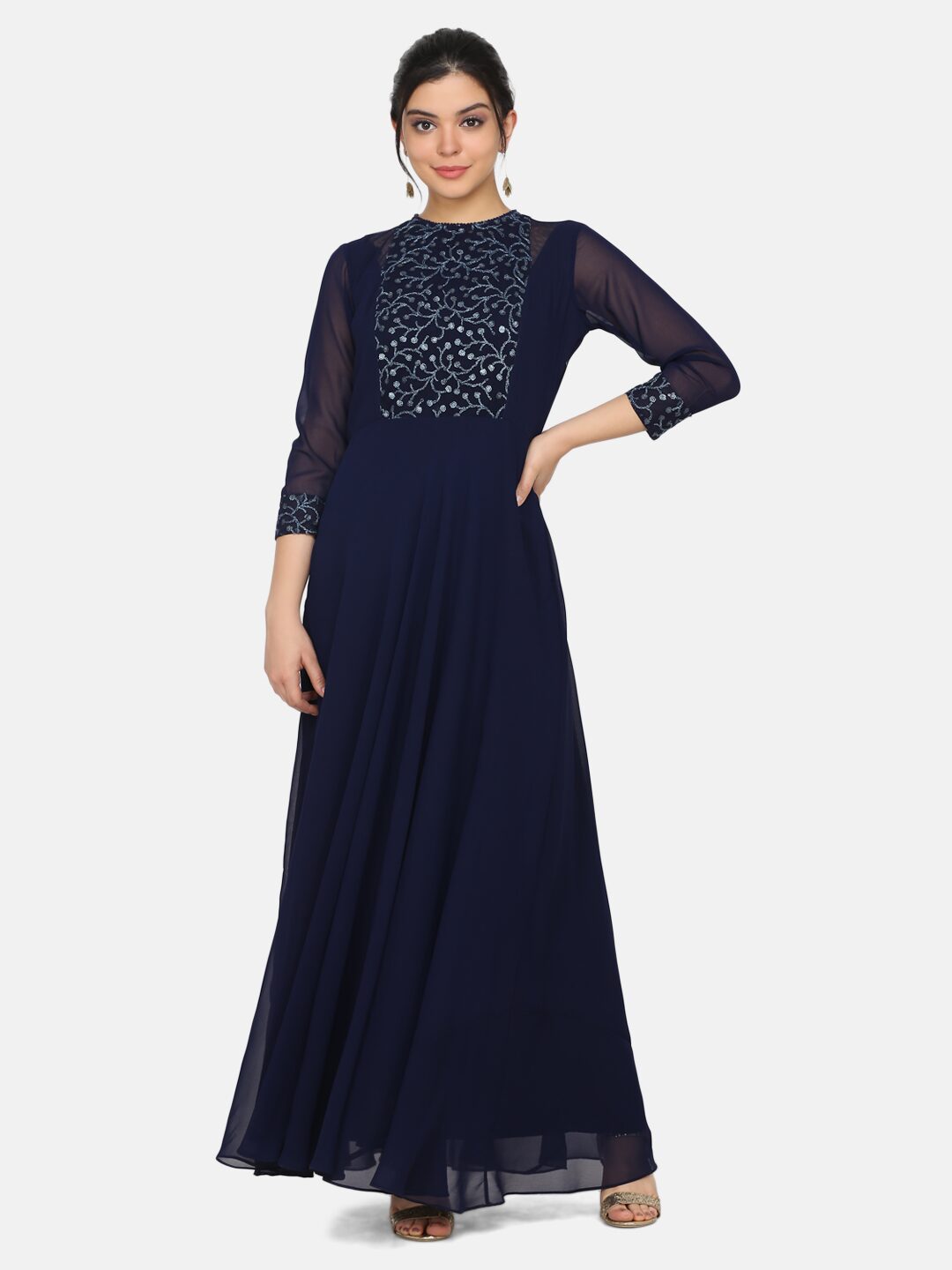 

Ojjasvi Women Navy Blue Embroidered Maxi Dress