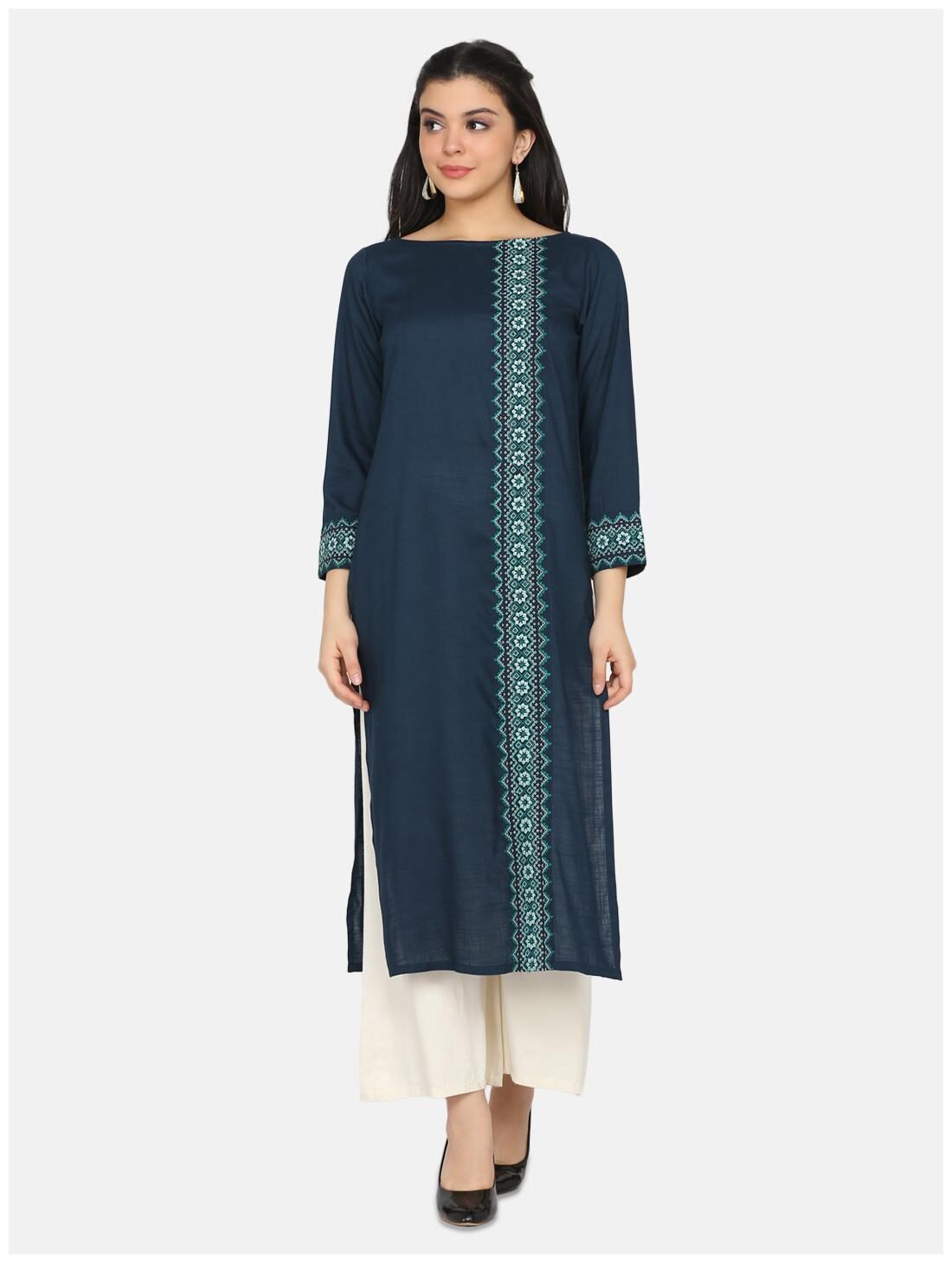 

Ojjasvi Women Blue Embroidered Straight Kurta