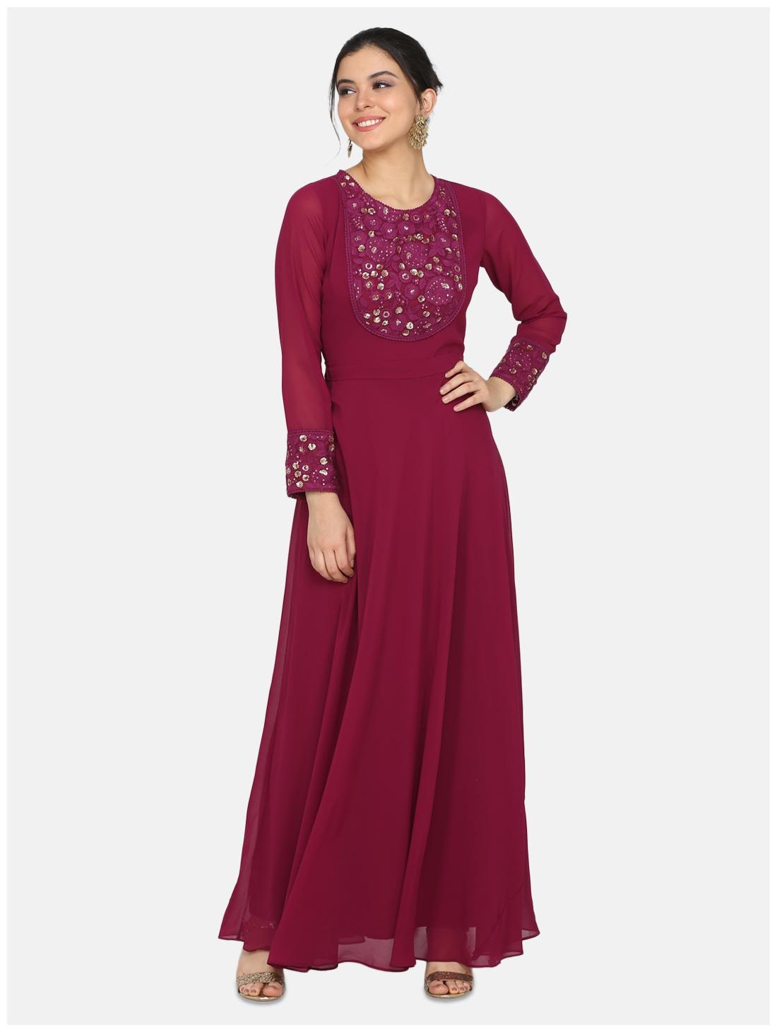 

Ojjasvi Womens Wine Georgette Embroidered Gown