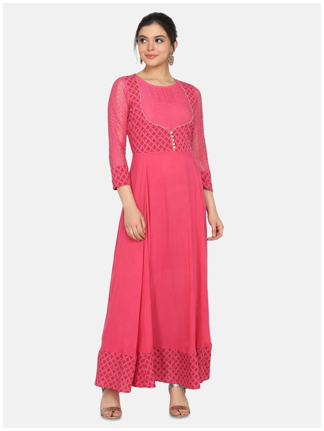 

Ojjasvi Womens Magenta Viscose Rayon Printed Gown