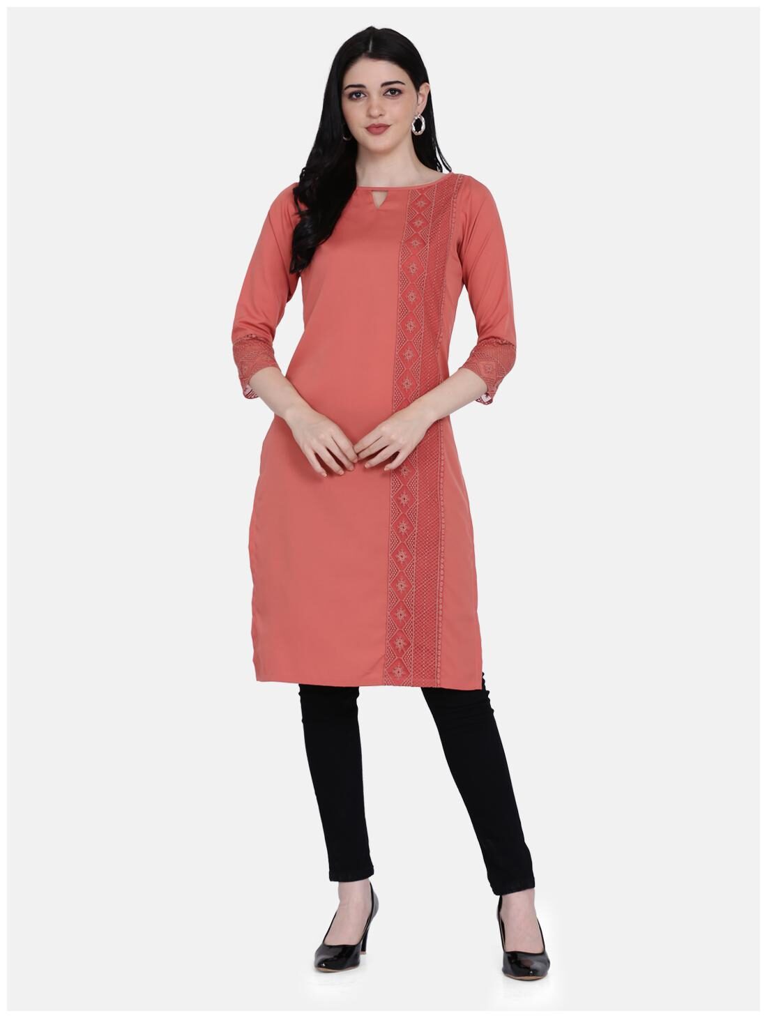 

Ojjasvi Women Peach Embroidered Straight Kurta