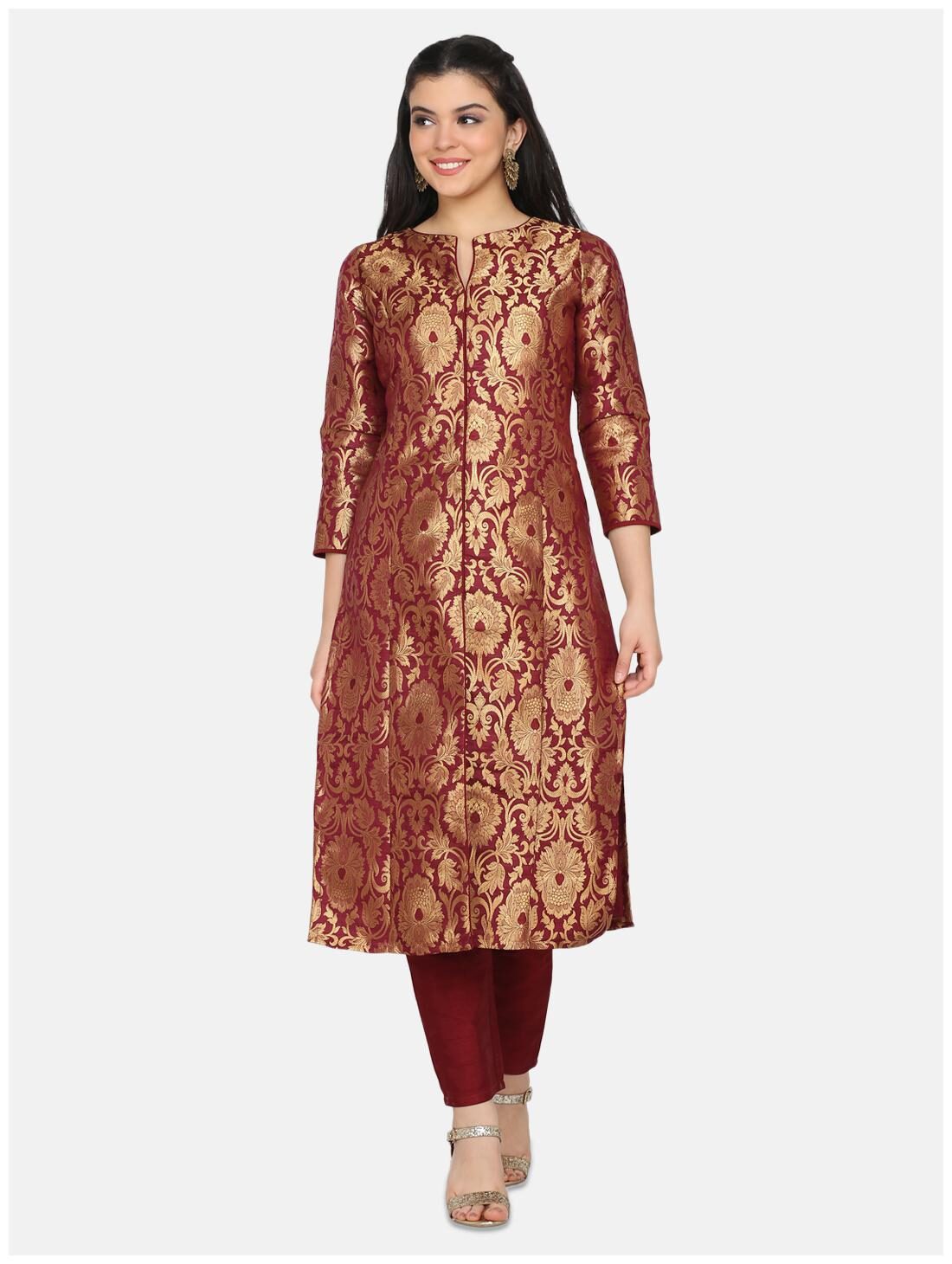 

Ojjasvi Women Maroon Gold Ethnic Motifs Straight Kurta