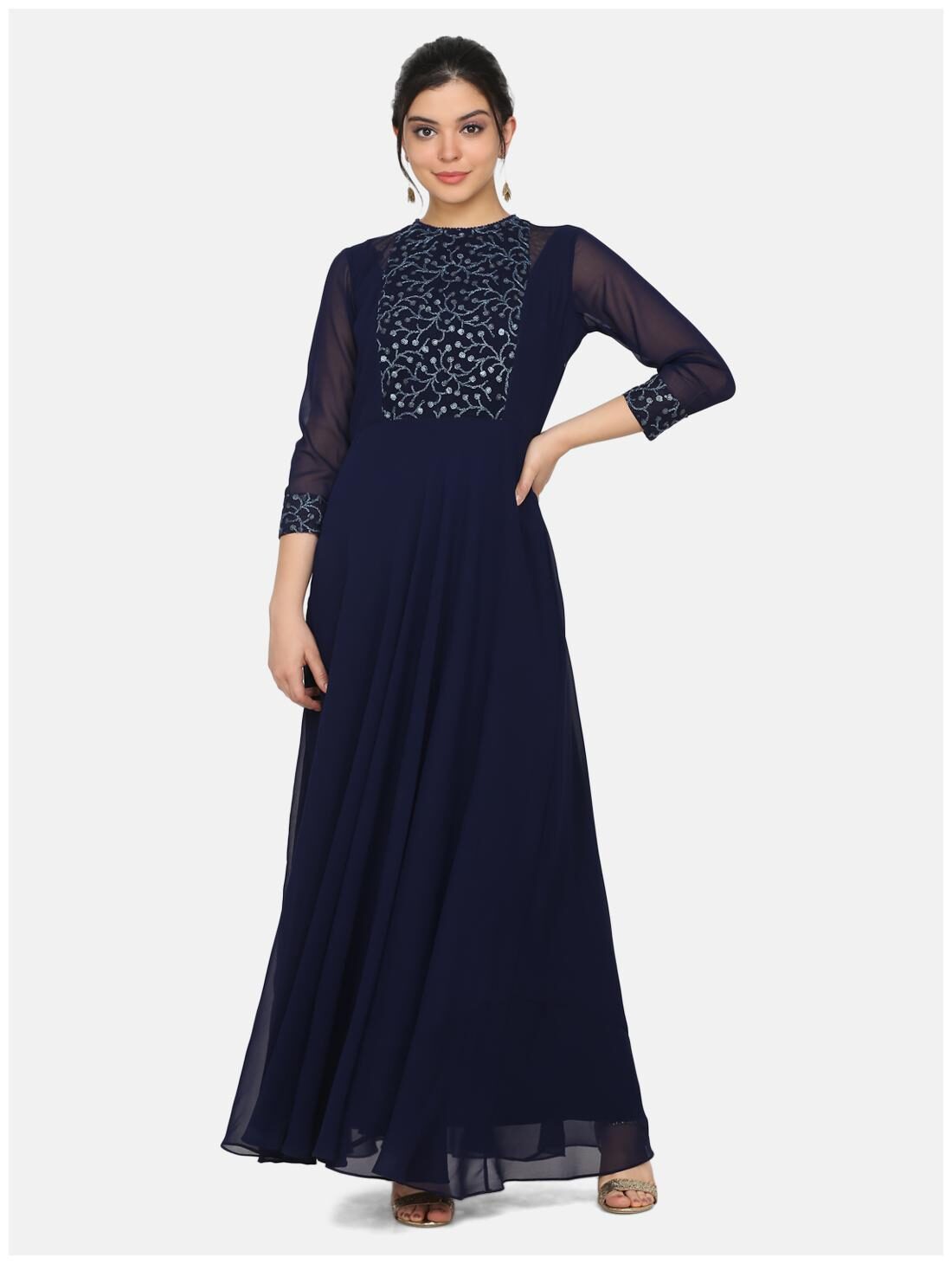 

Ojjasvi Women Navy Blue Embroidered Maxi Dress