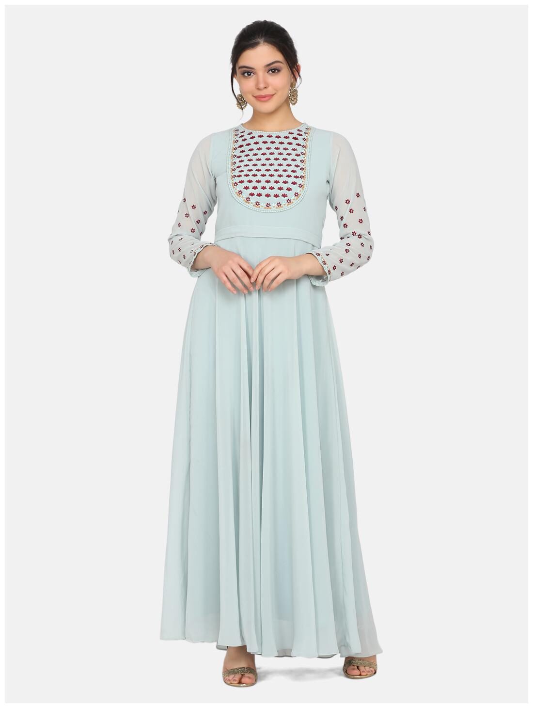 

Ojjasvi Womens Turquoise Georgette Embroidered Gown