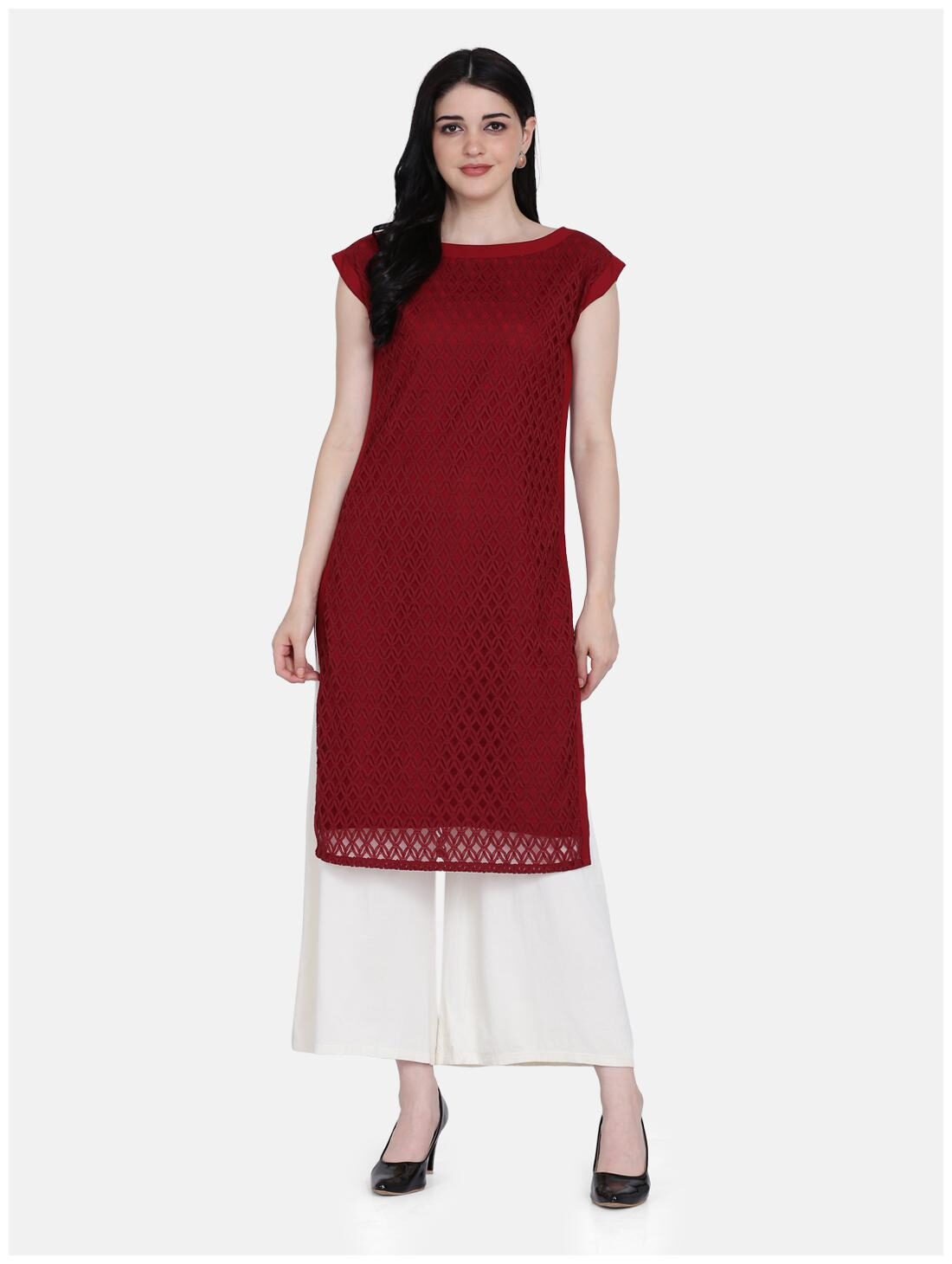 

Ojjasvi Women Maroon Embroidered Straight Kurta