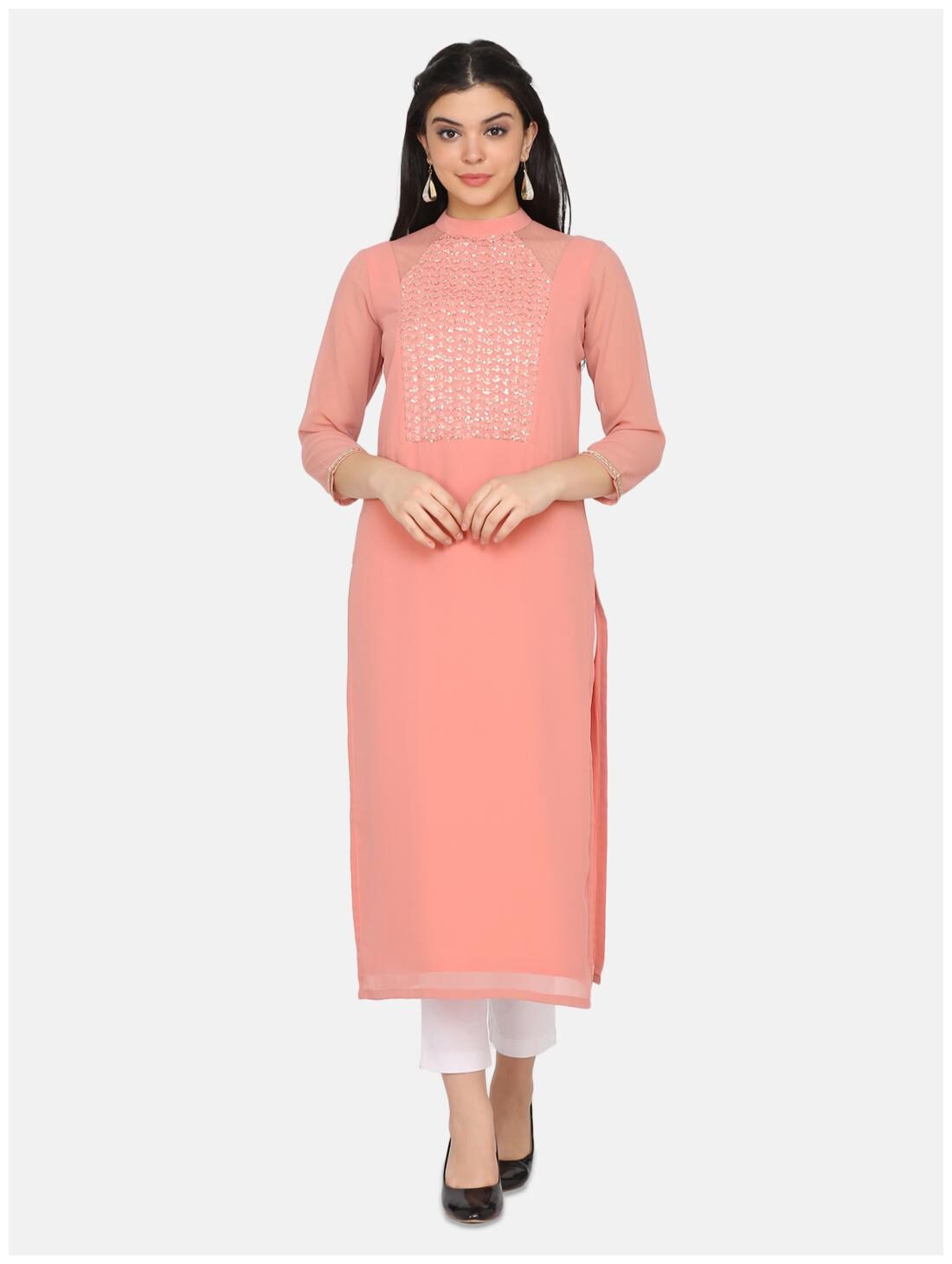 

Ojjasvi Women Georgette Regular Fit Kurta (Pink)
