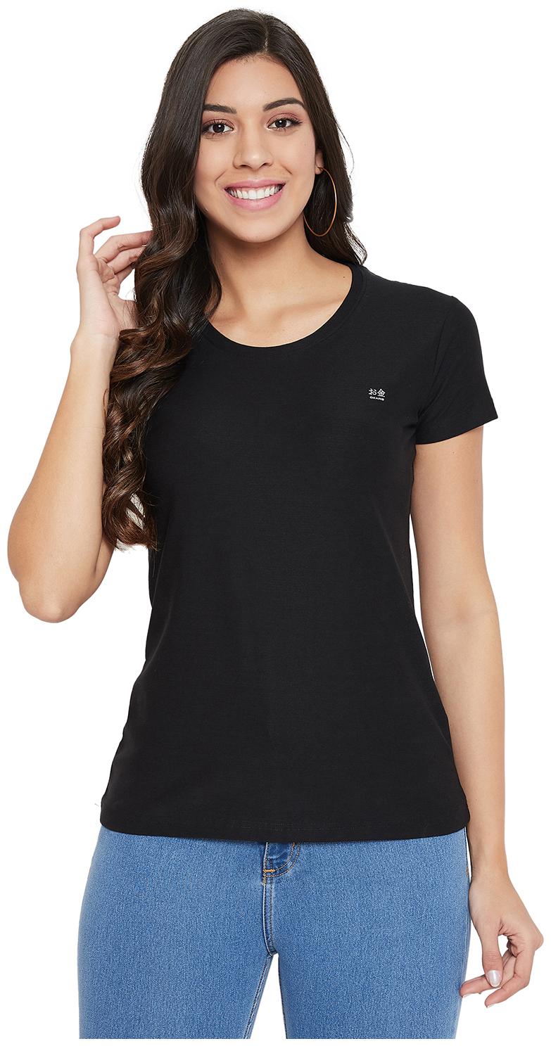 

Okane Women Black Slim fit Round neck Cotton T shirt