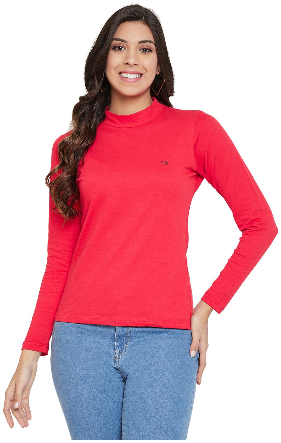 

Okane Women Red Slim fit High neck Cotton T shirt