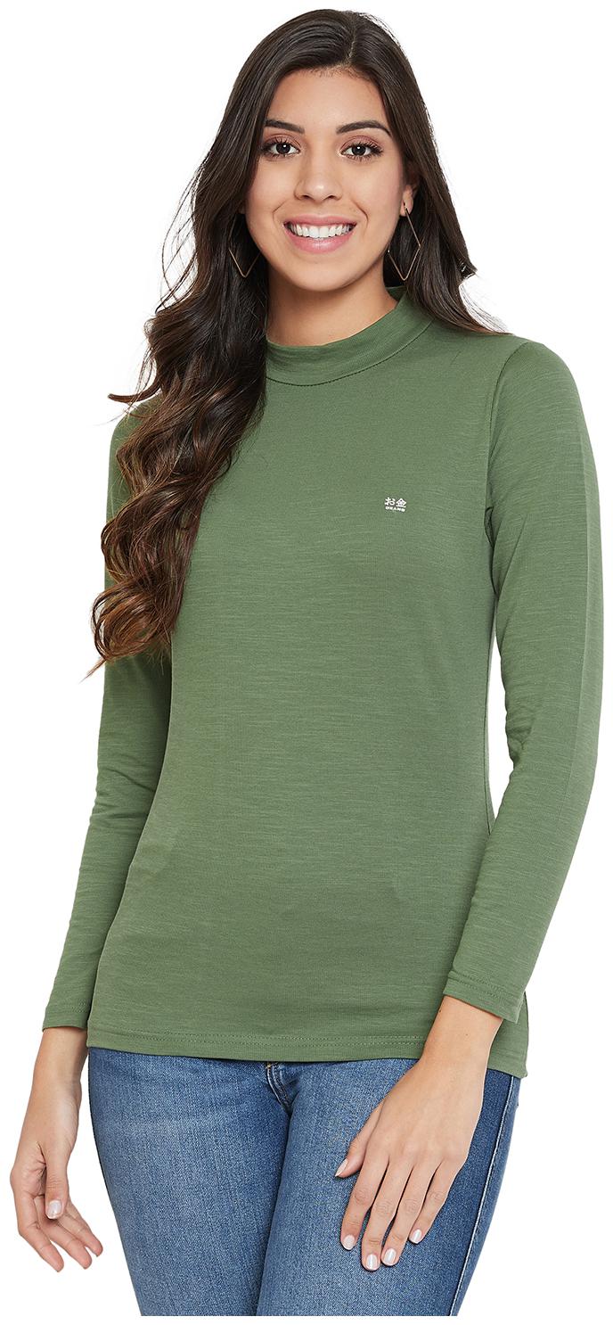 

Okane Women Green Slim fit High neck Cotton T shirt