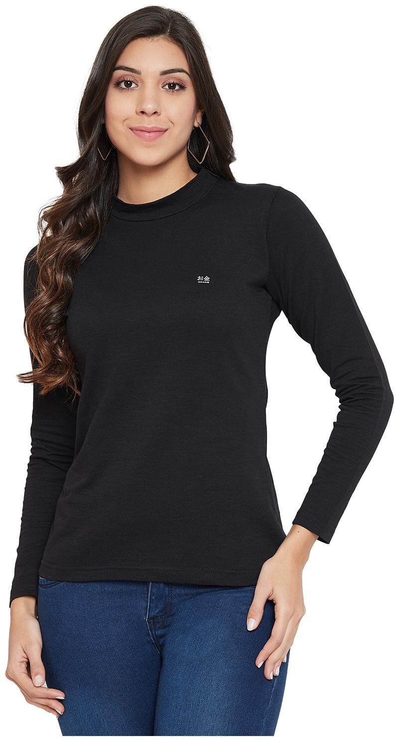 

Okane Women Black Slim fit High neck Cotton T shirt