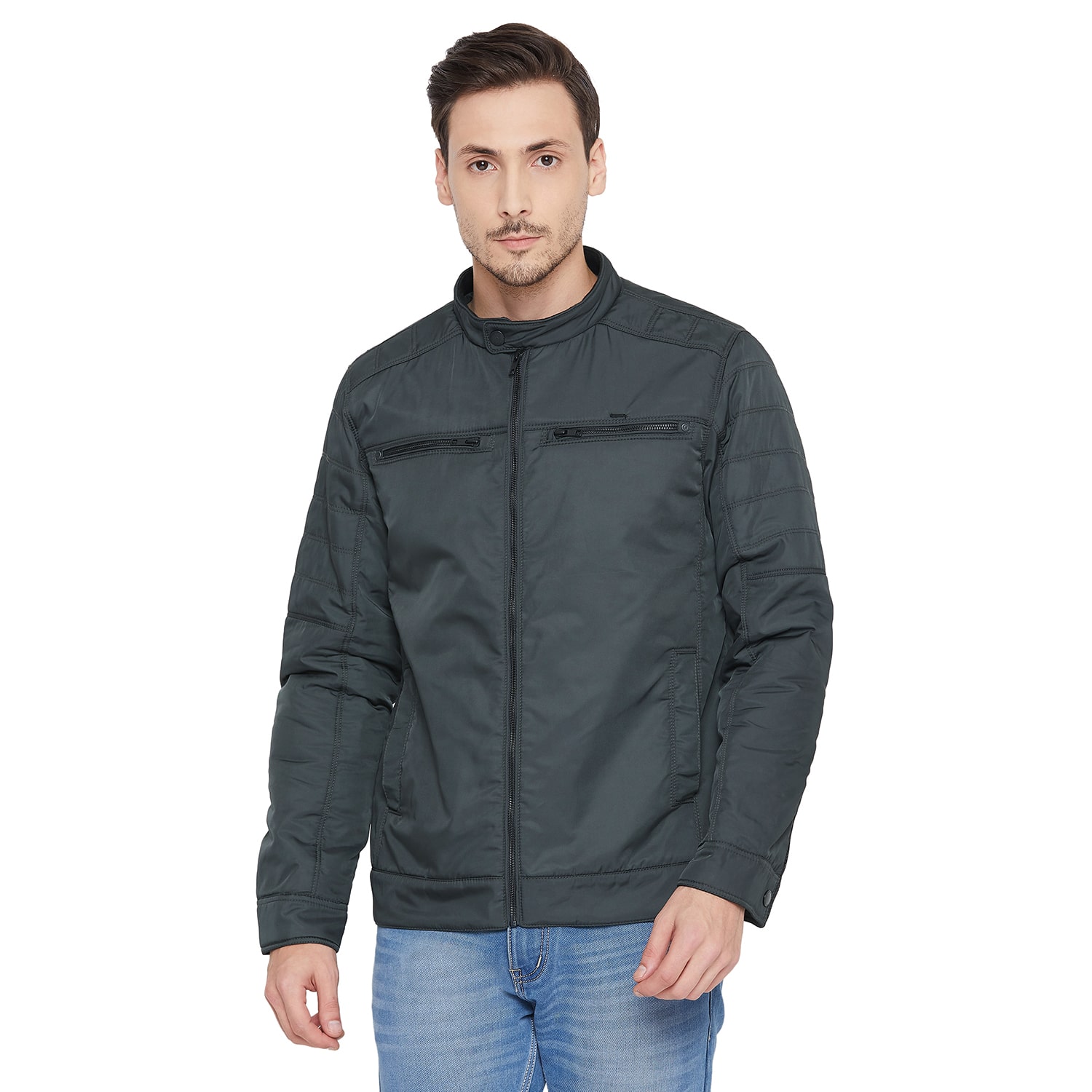 

Okane Men Olive Solid Biker jacket