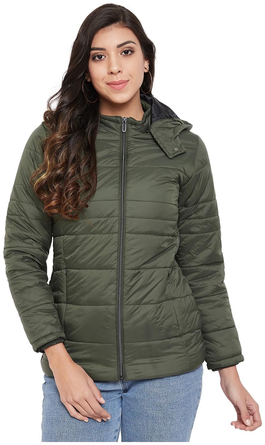 

Okane Women Solid Nylon Hooded Puffer Jacket (Olive)