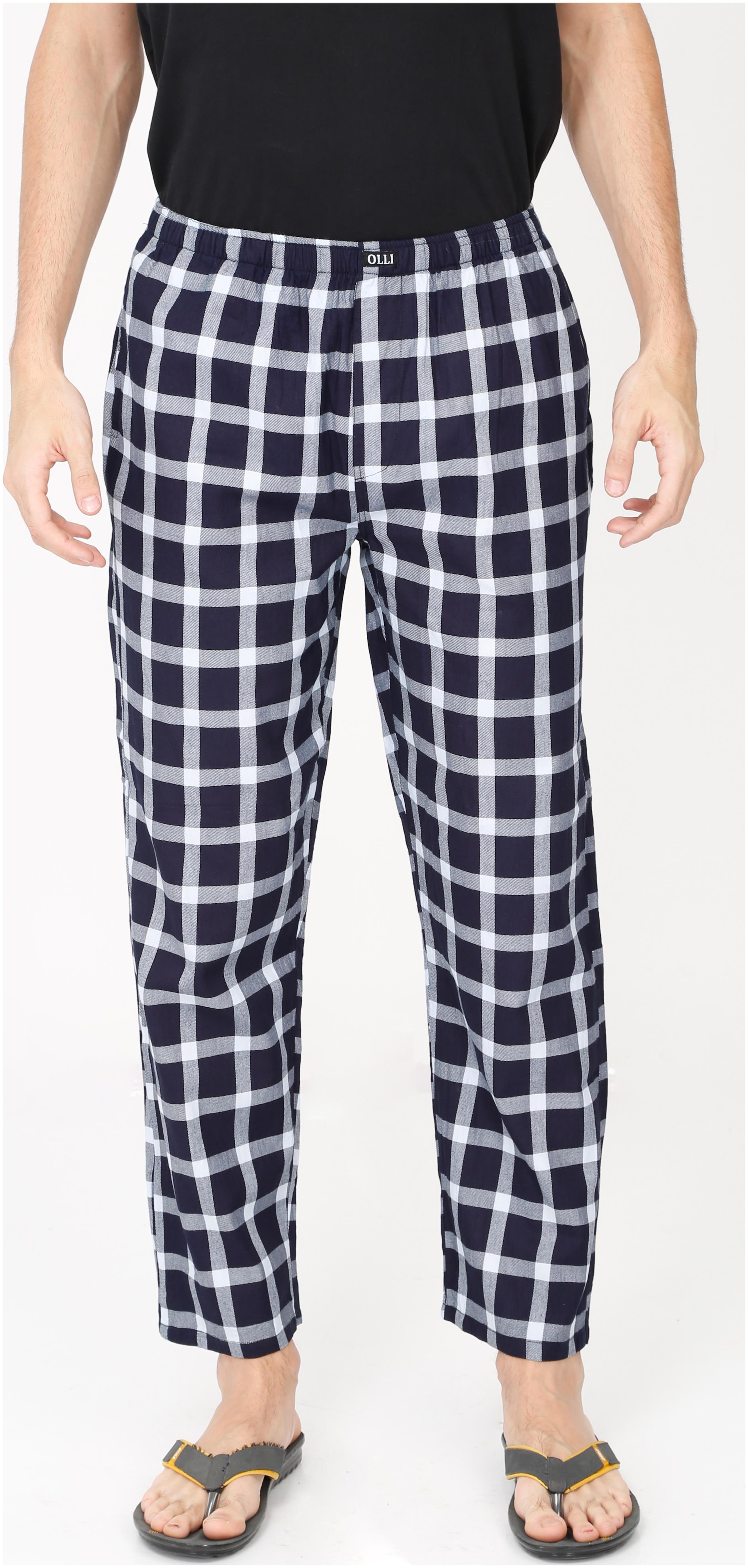 

OLLI Men 100 COTTON Navy Blue White Checks Pyjamas(OLLIMPJCK004 XL)
