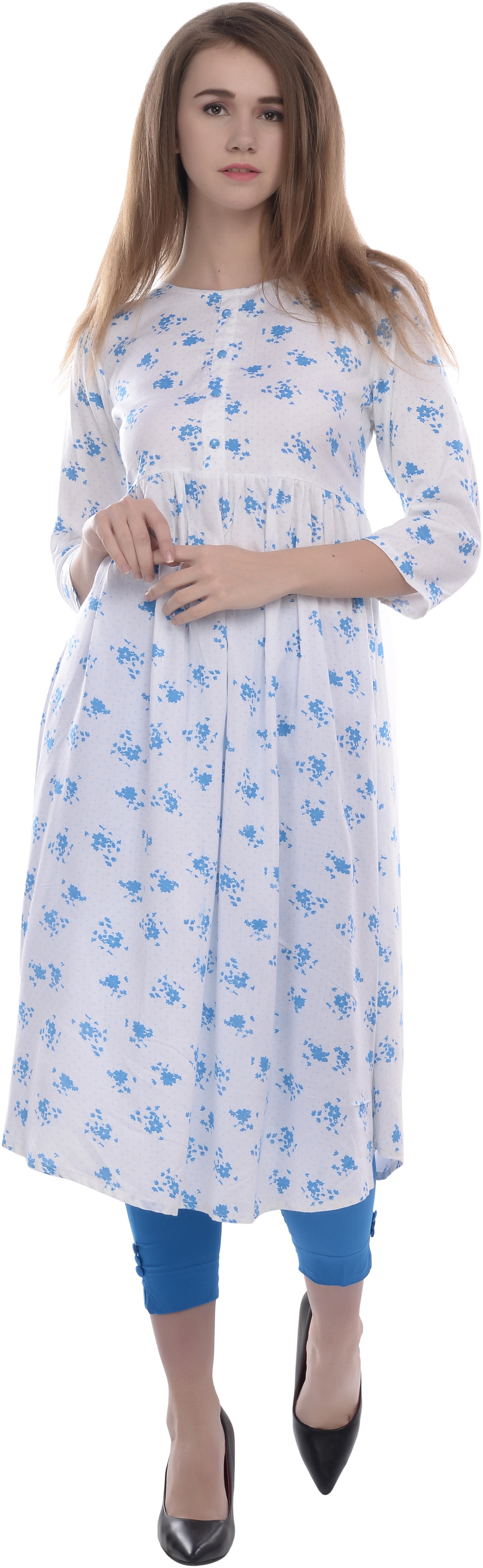 

ollki Women White Blue Floral Regular Kurta