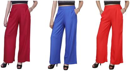 Omikka Casual Wear Crepe Designer Plain Wide Leg Palazzo Pants Pack of 3