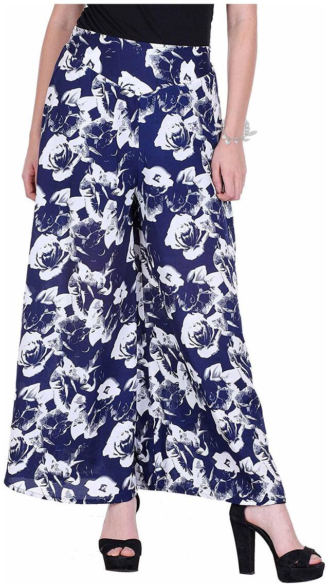 Omikka Women's Wide Leg High Elastic Waist Floral Print Crepe Palazzo Pants Regular Plus Size