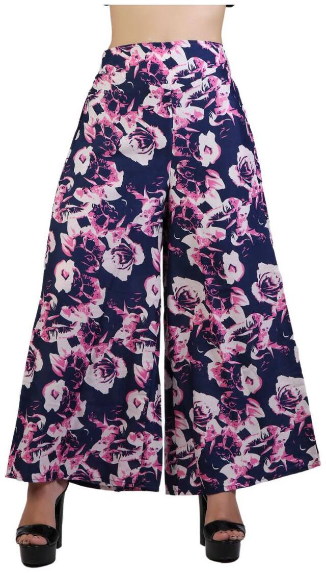 Omikka Women's Wide Leg High Elastic Waist Floral Print Crepe Palazzo Pants Regular Plus Size