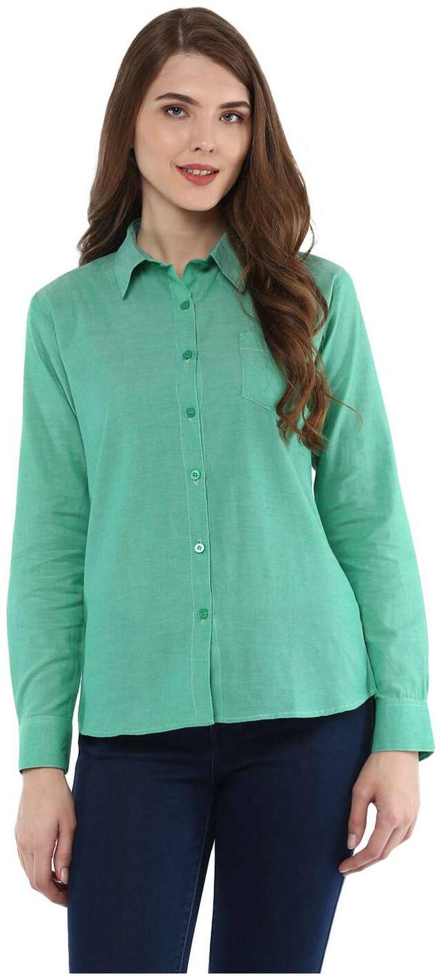 One Femme Women Green Solid Regular Fit Shirt