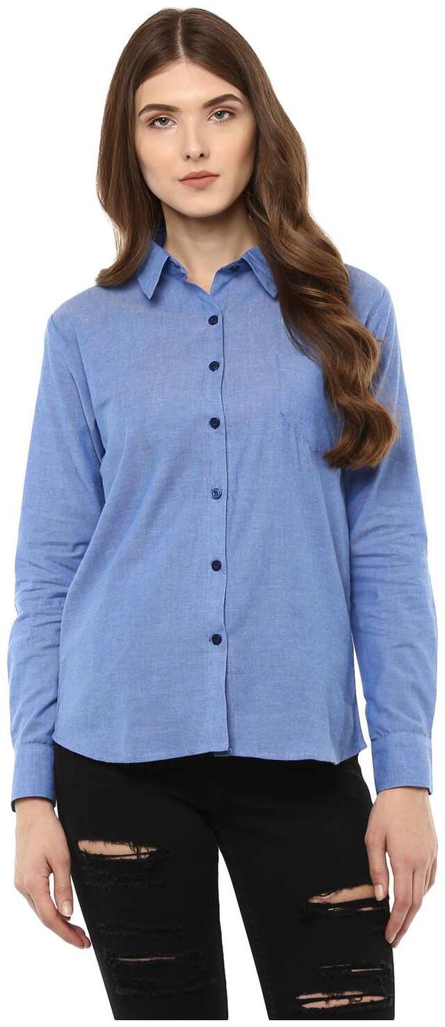 One Femme Women Blue Solid Regular Fit Shirt