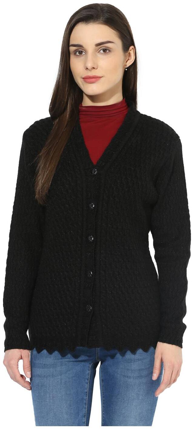 One Femme Women's Woollen Self-Design Solid Color Cardigan
