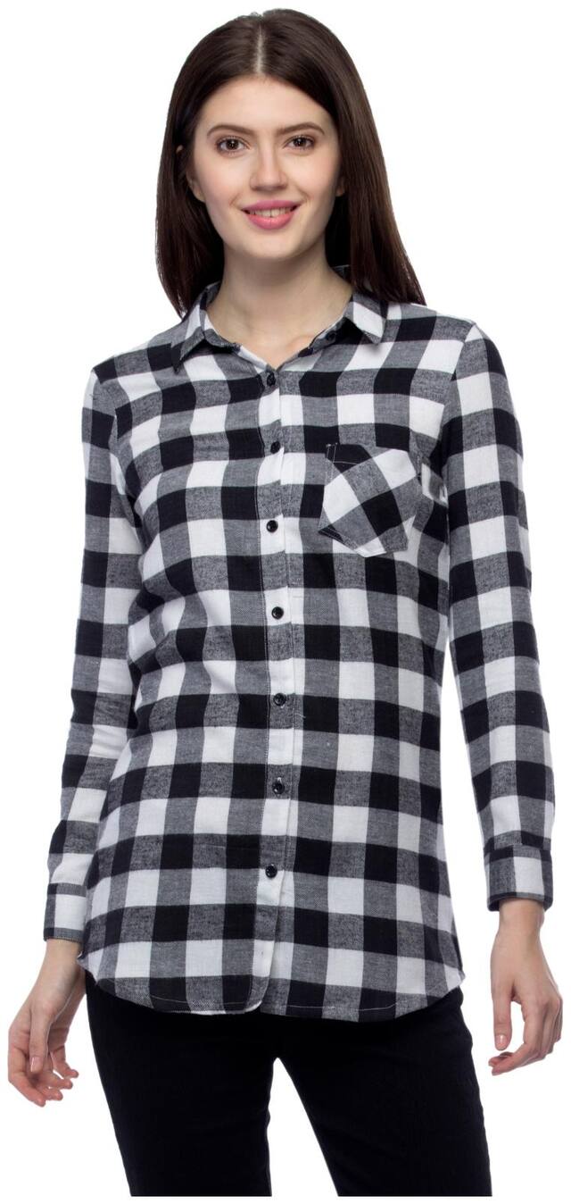 One Femme Women's Black Plaid Patterned Long Shirt
