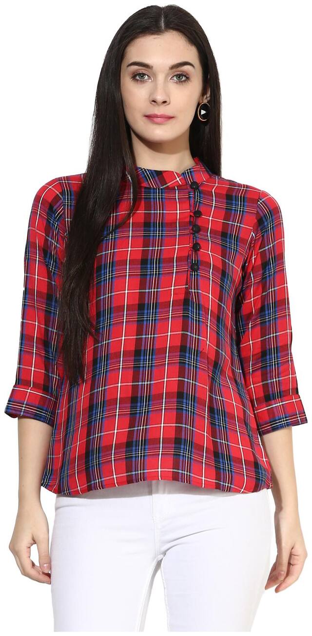 One Femme Women Checked Fusion top - Red