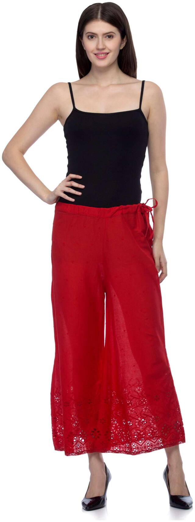 One Femme Womens Solid Embroidered Cotton Palazzo with Drawstring