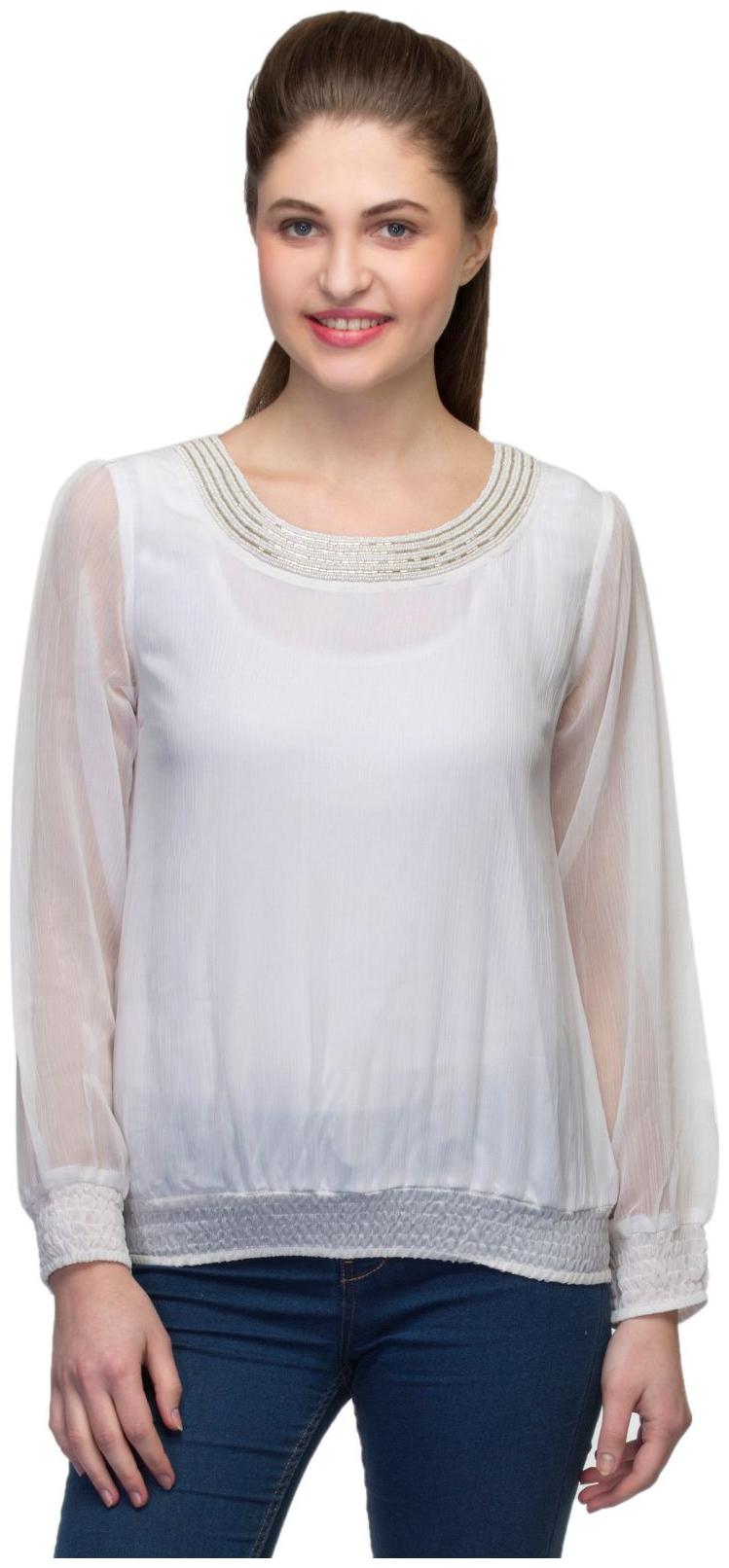 

One Femme Women s Solid Color Chiffon Embellished Top Blouse