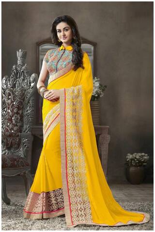 Onlinefayda Yellow Embroidery Heavy Net Lace Border Work Designer Saree