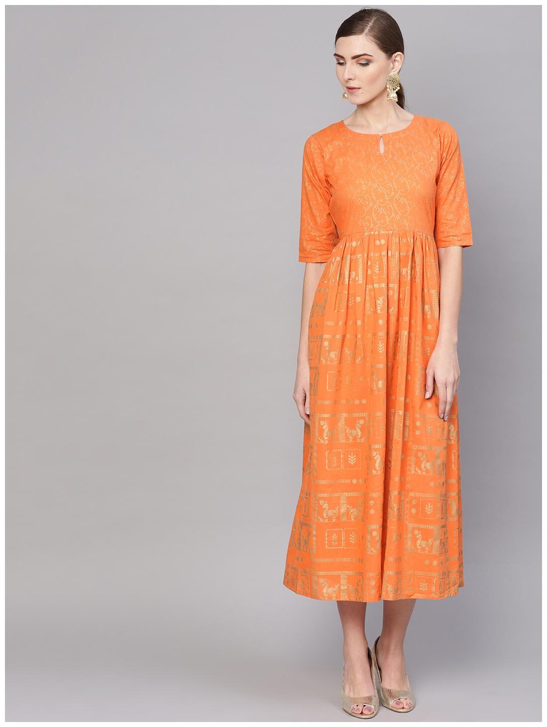 

Orange Cotton Block Printed Fit And Flared Maxi Dress