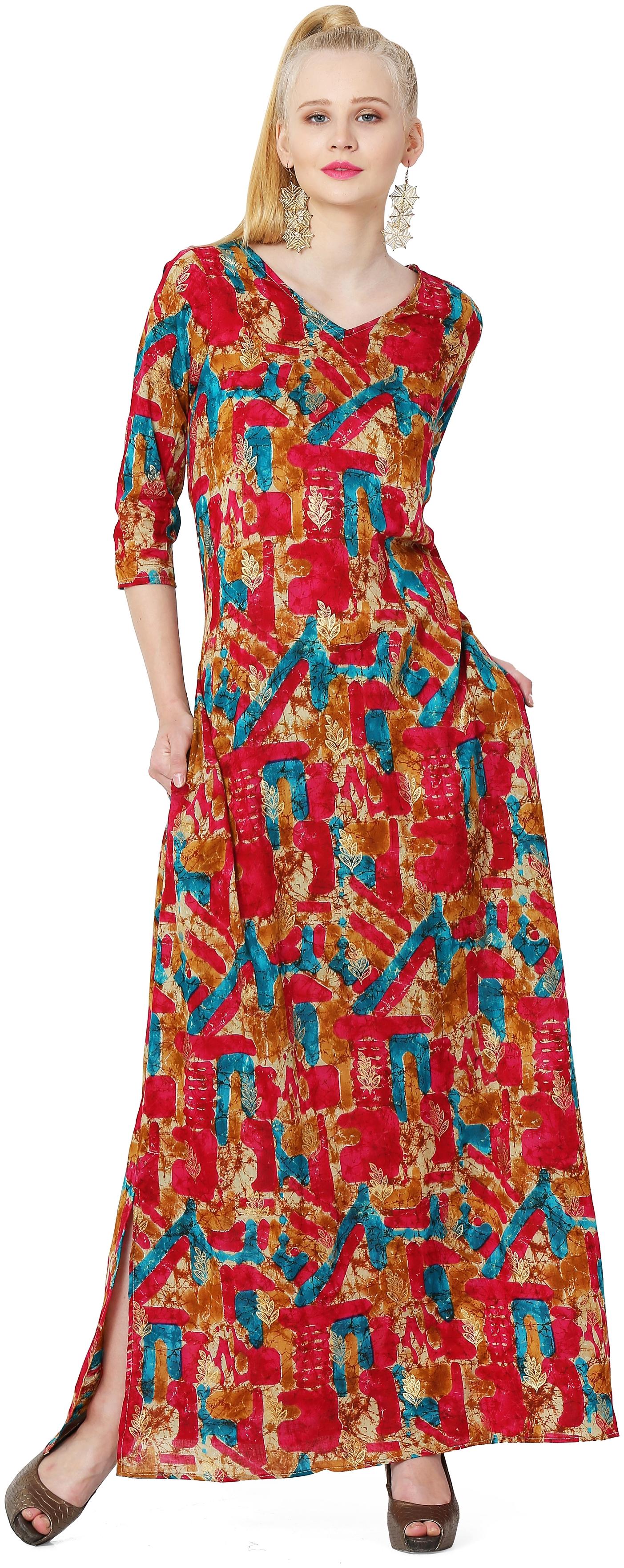 

ORANGE COTTON PRINTED 3 4 SLEEVE GOWN