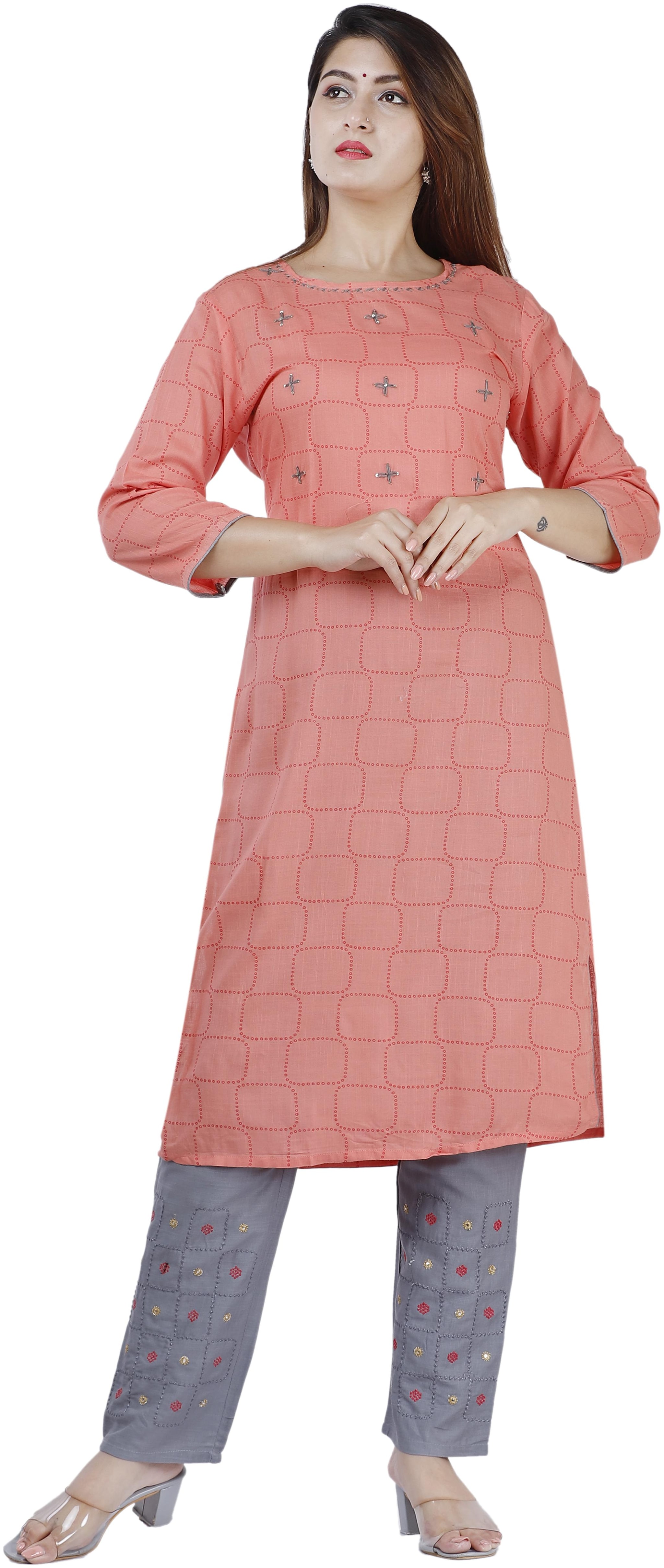 

Orange DesignerViscose Rayon Peach Embroidered Kurti Palazzo For Women