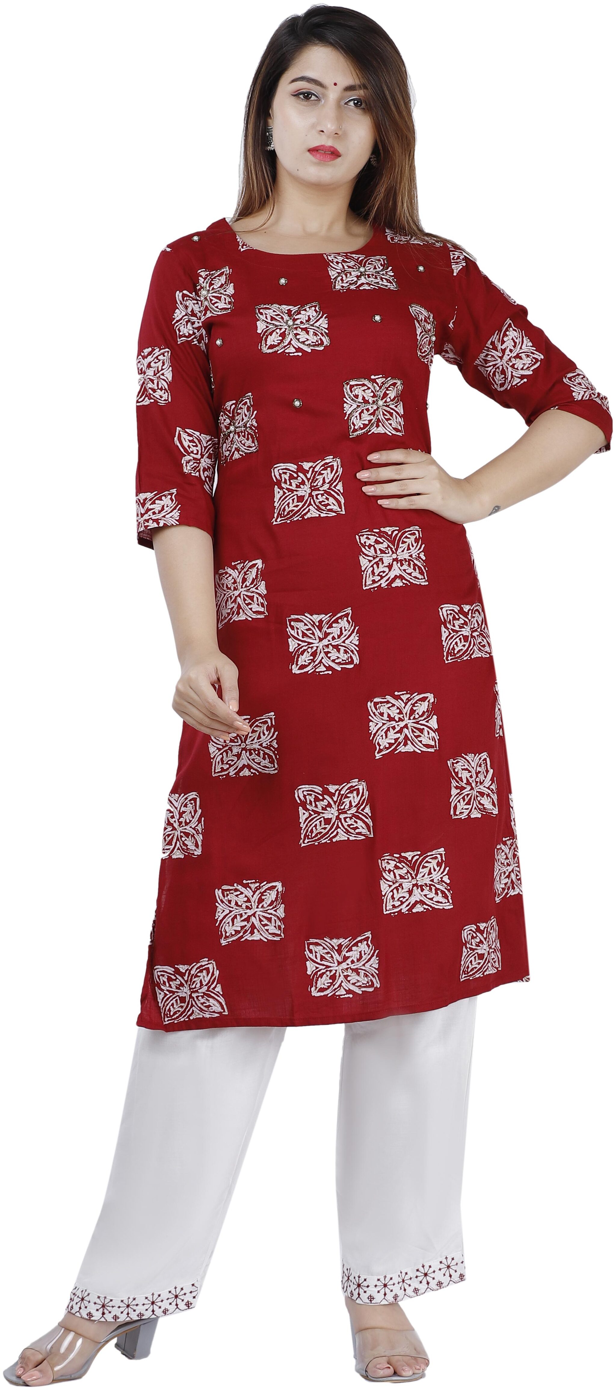 

Orange Designer Printed Viscose Rayon Maroon Kurti With Palazzo For Women