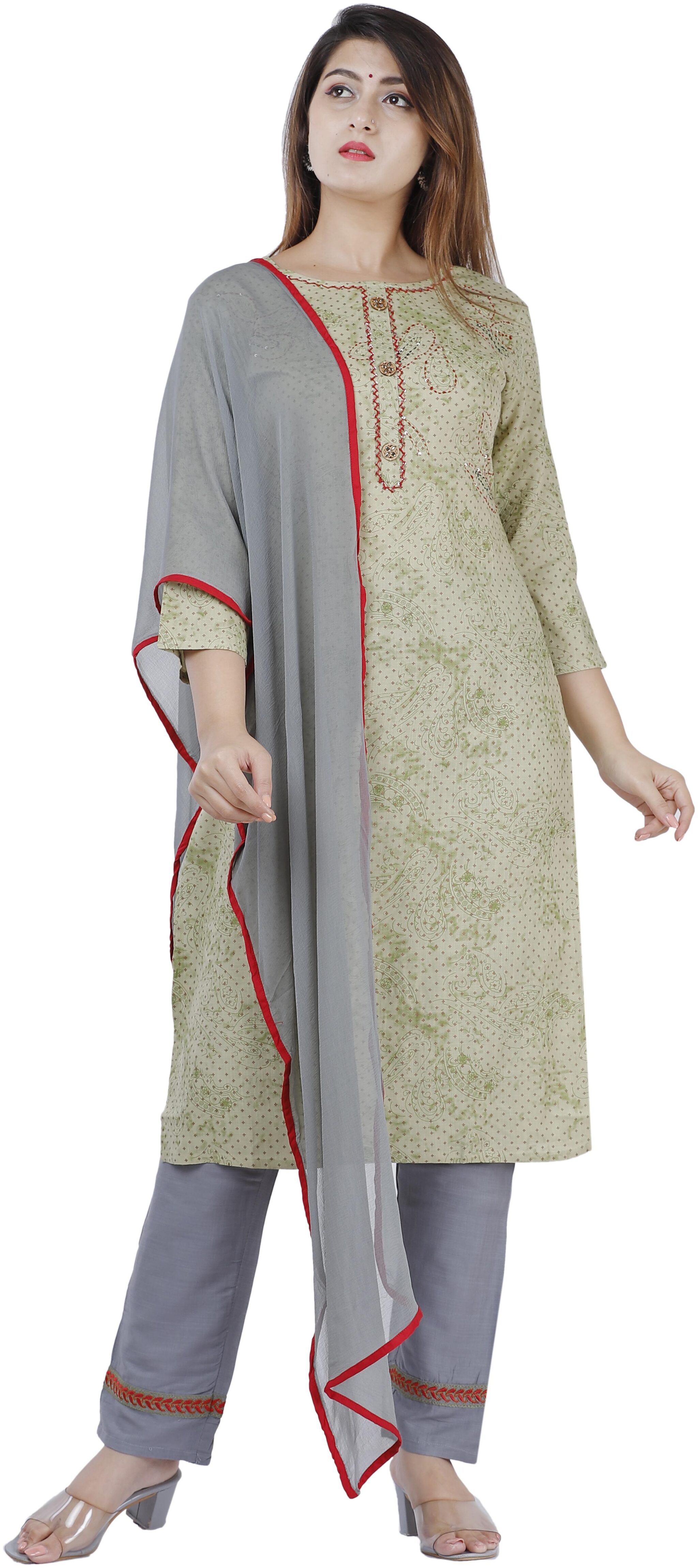

Orange DesignerViscose Rayon Green Printed Kurti Palazzo For Women