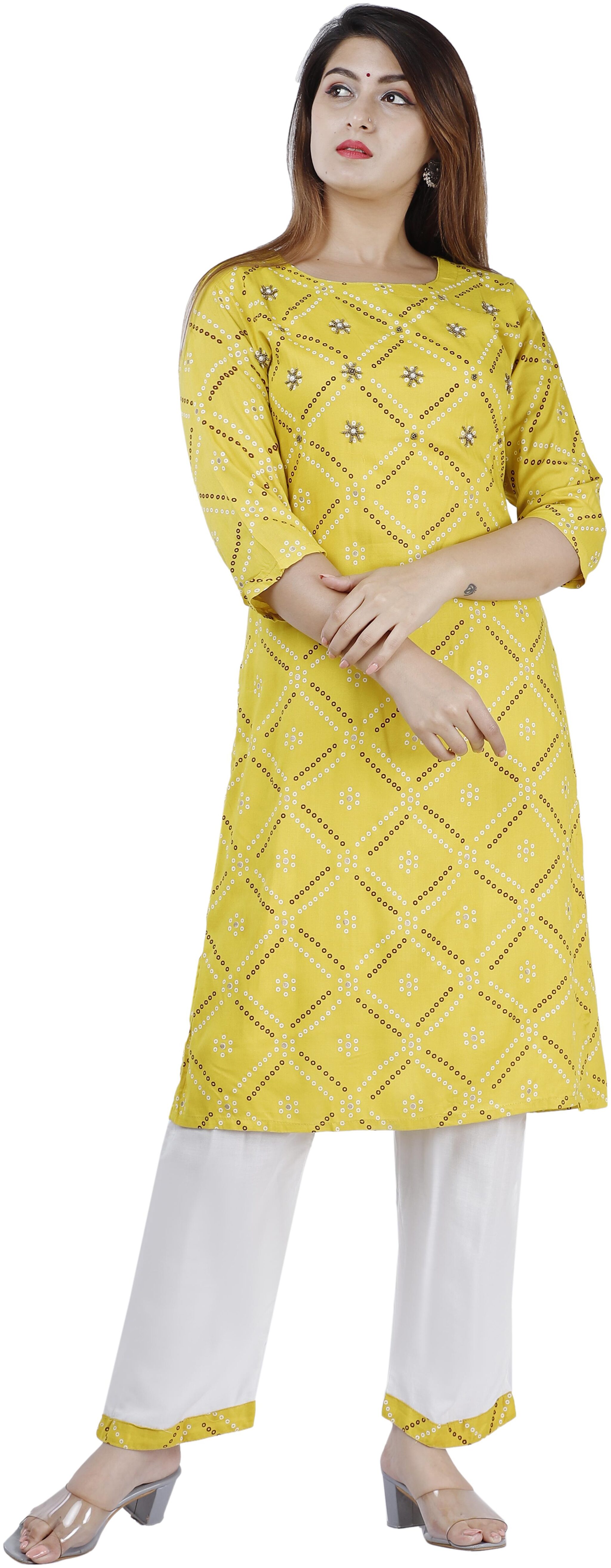 

Orange Designer Bandhani Viscose Rayon Yellow Kurti With Palazzo For Women