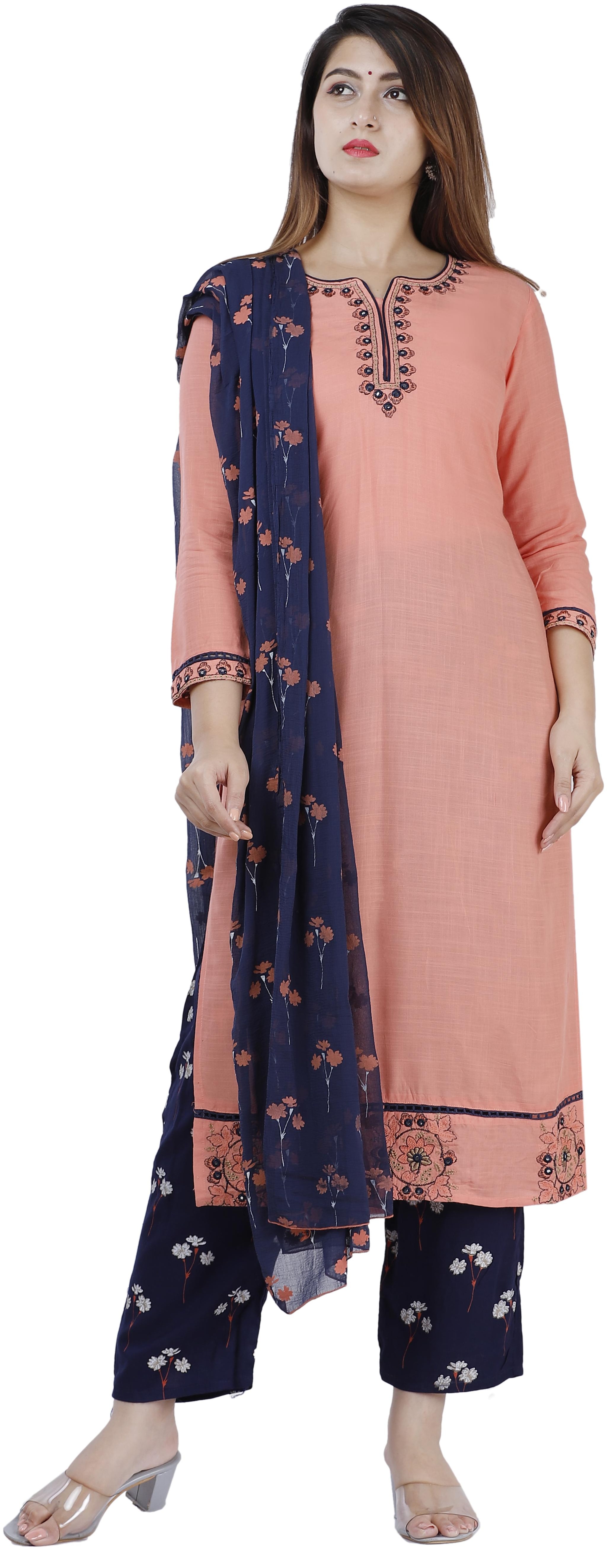 

Orange Designer Embroidered Viscose Rayon Peach Kurti With Palazzo For Women
