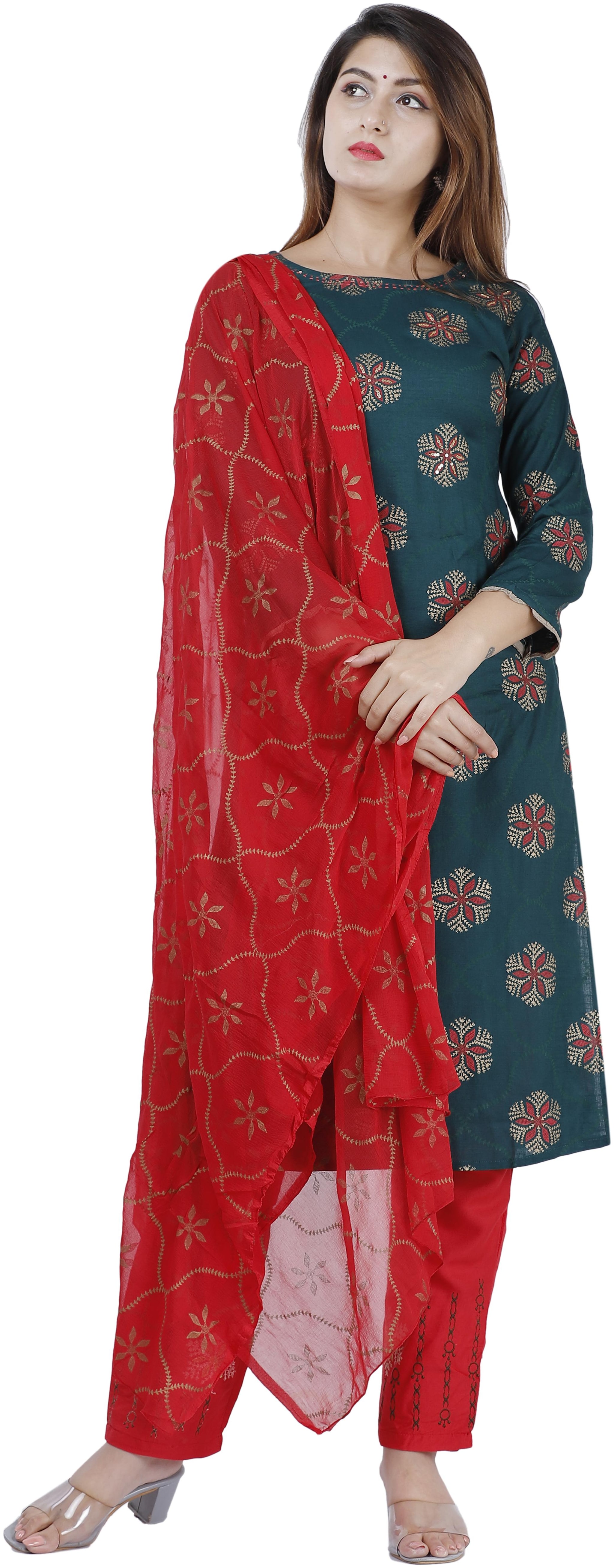 

Orange Designer Womens Rayon Slub Straight A-line Embroided Kurti Pants with Dupatta Set (Green)