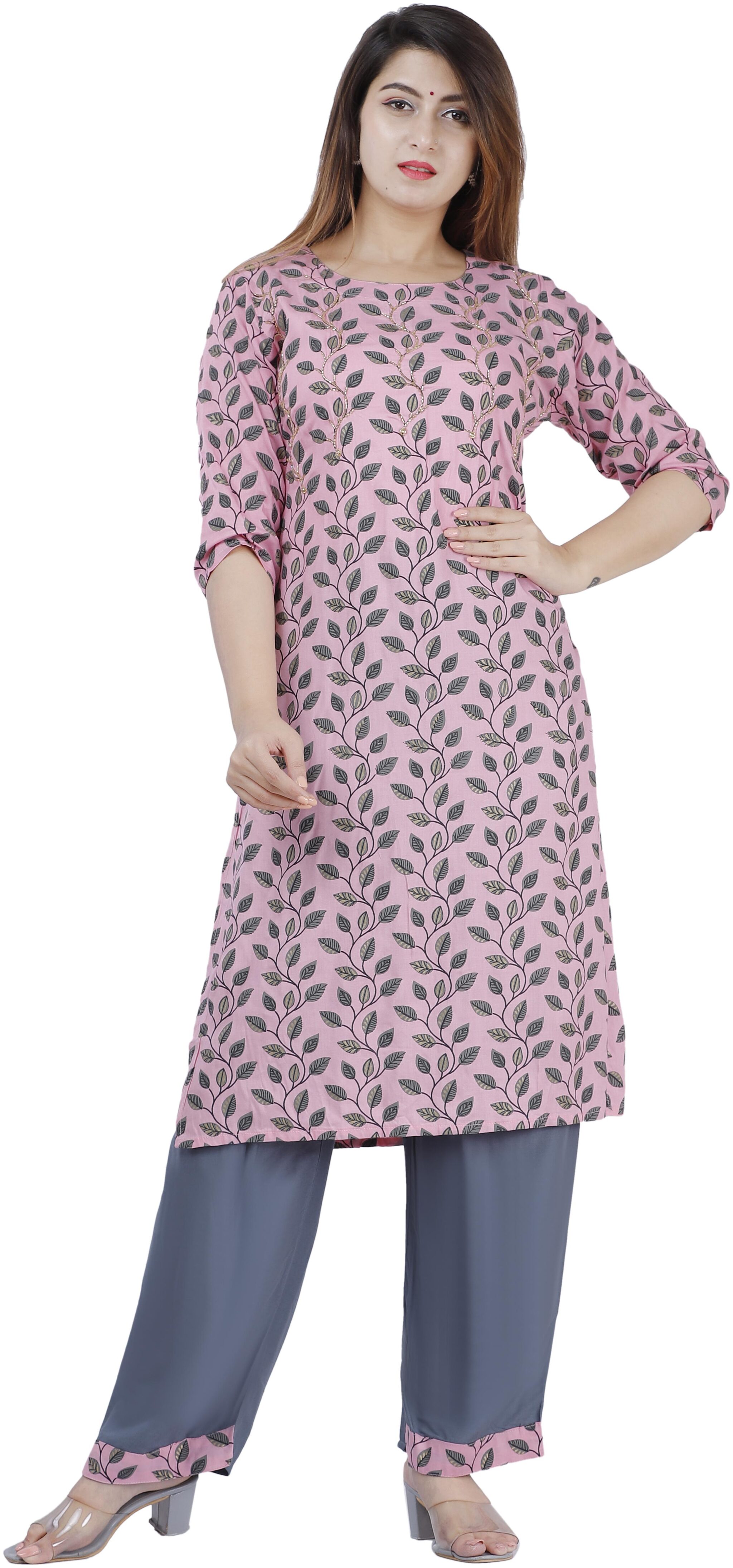 

Orange Designer Printed Viscose Rayon Pink Kurti With Palazzo For Women