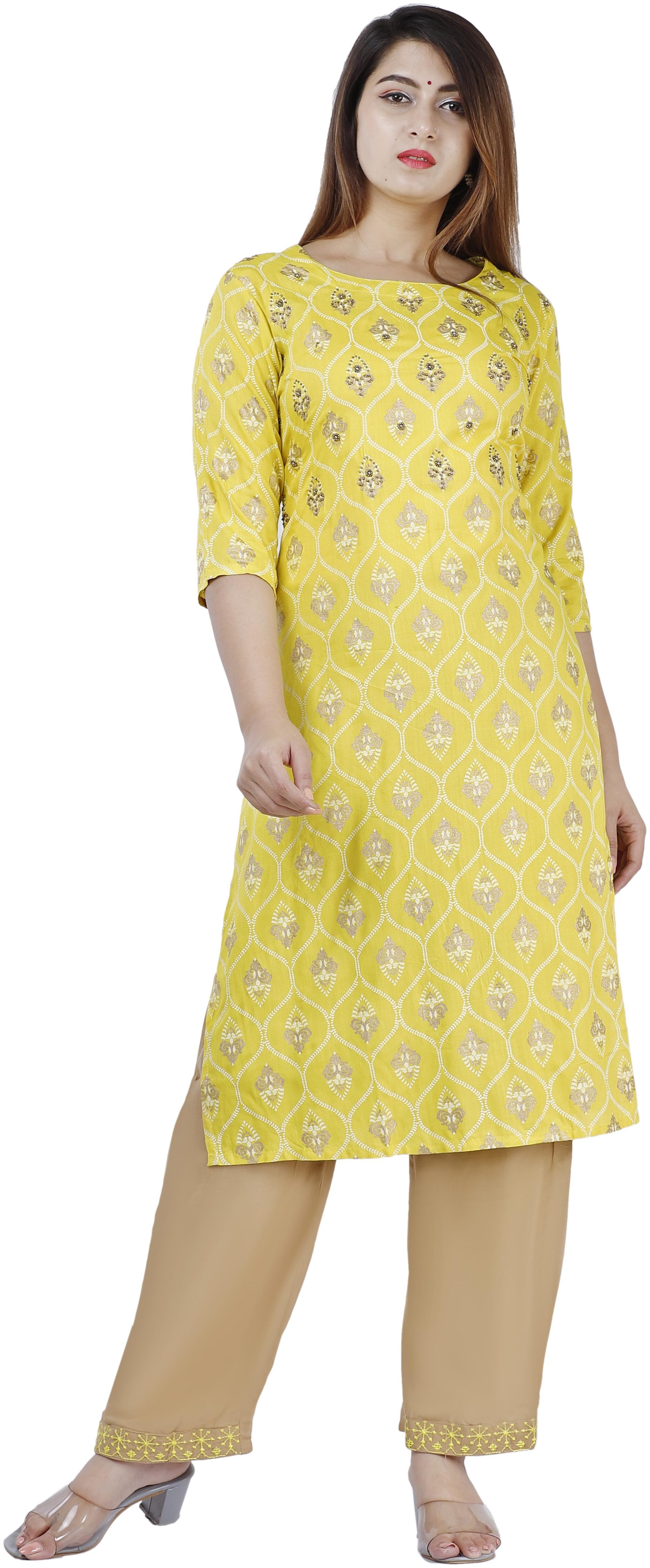 

Orange DesignerViscose Rayon Yellow Embellished Kurti Palazzo For Women