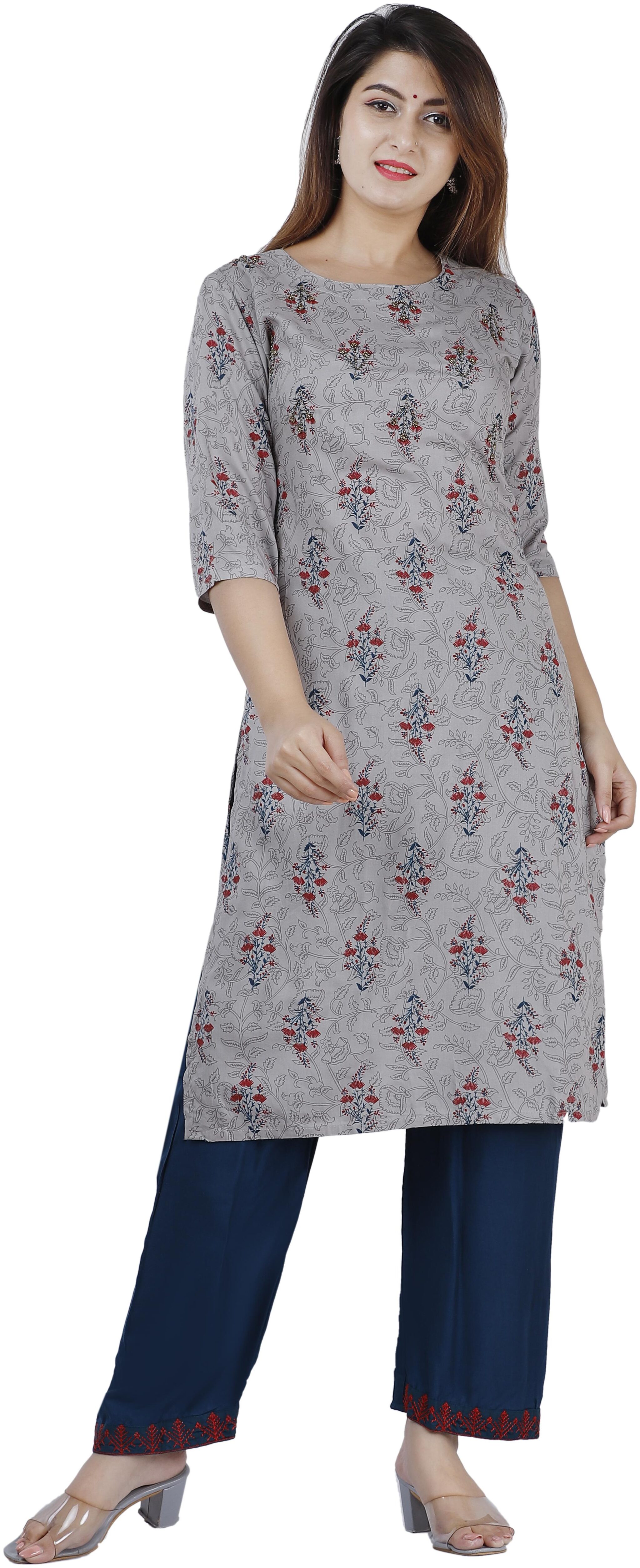 

Orange DesignerViscose Rayon Grey Floral Kurti Palazzo For Women