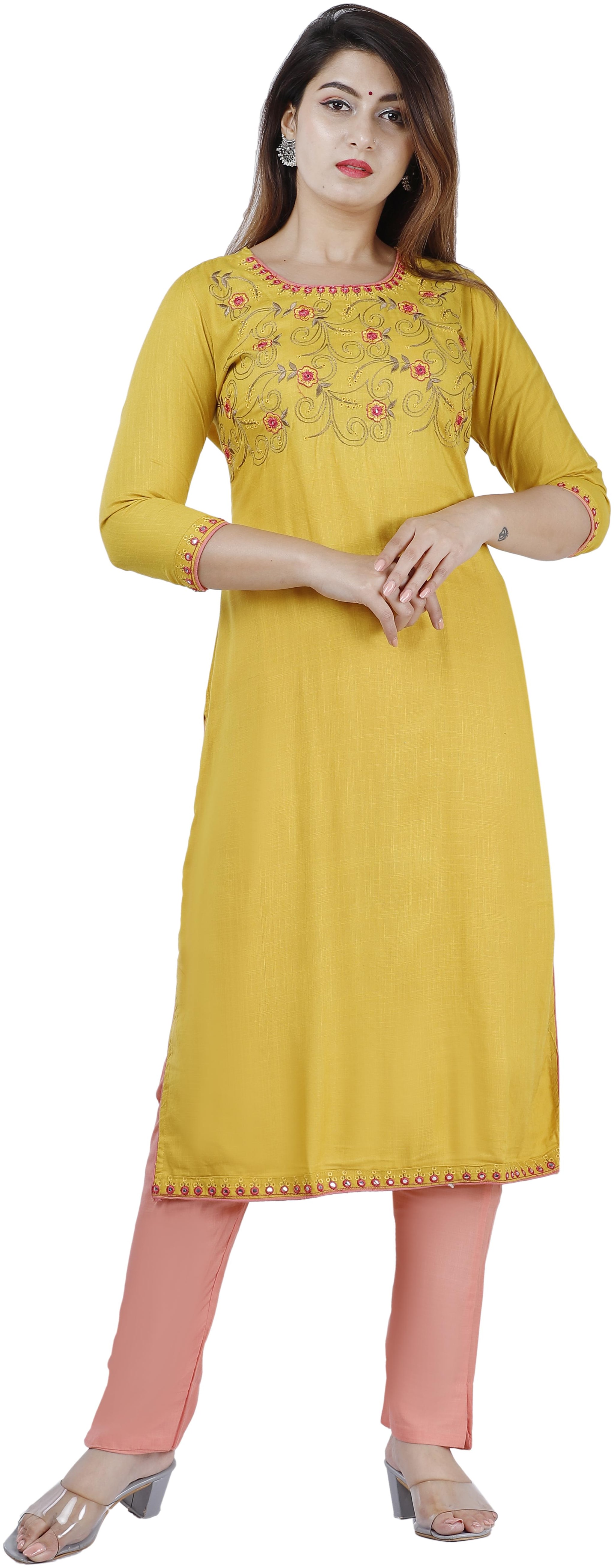 

Orange Designer Embroidered Viscose Rayon Yellow Kurti With Palazzo For Women