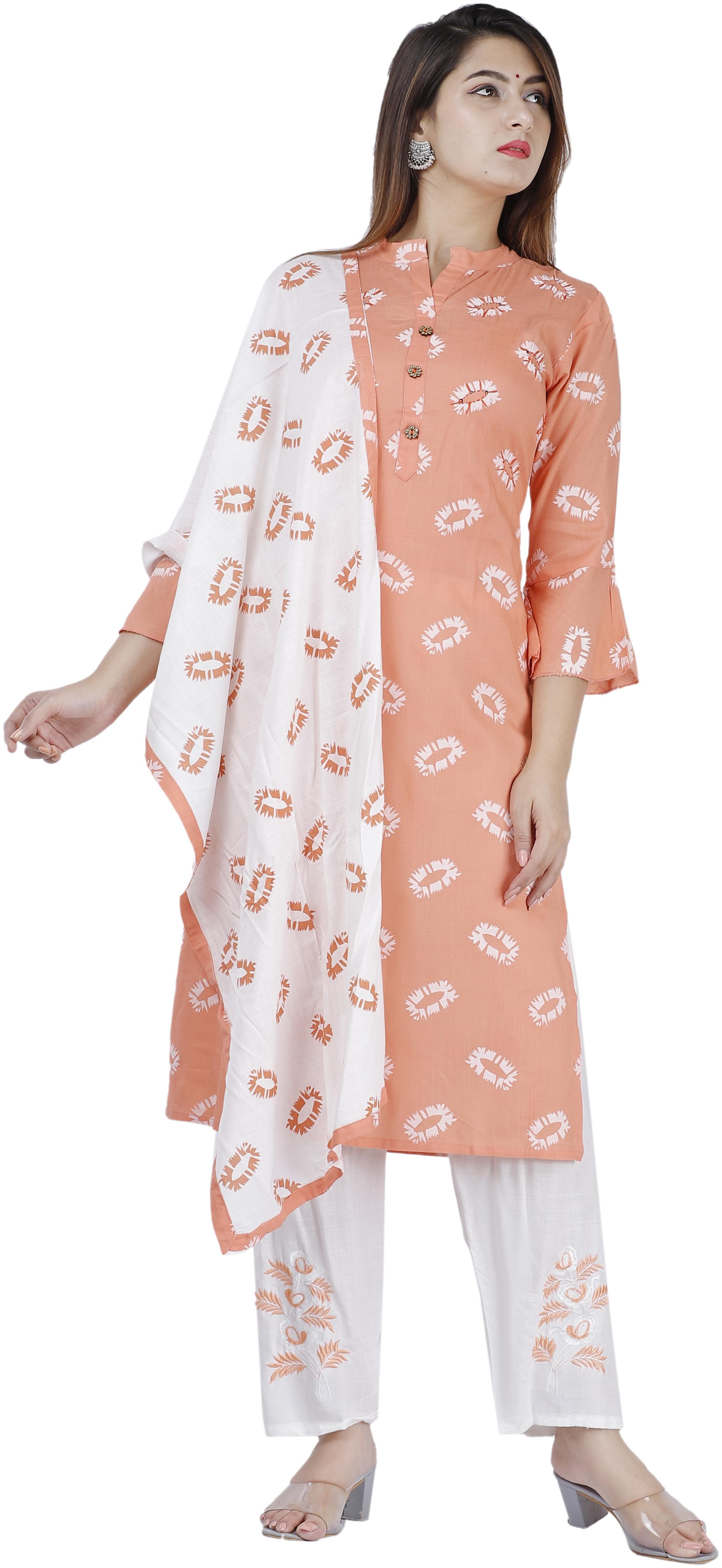 

Orange DesignerViscose Rayon Peach Printed Kurti Palazzo For Women