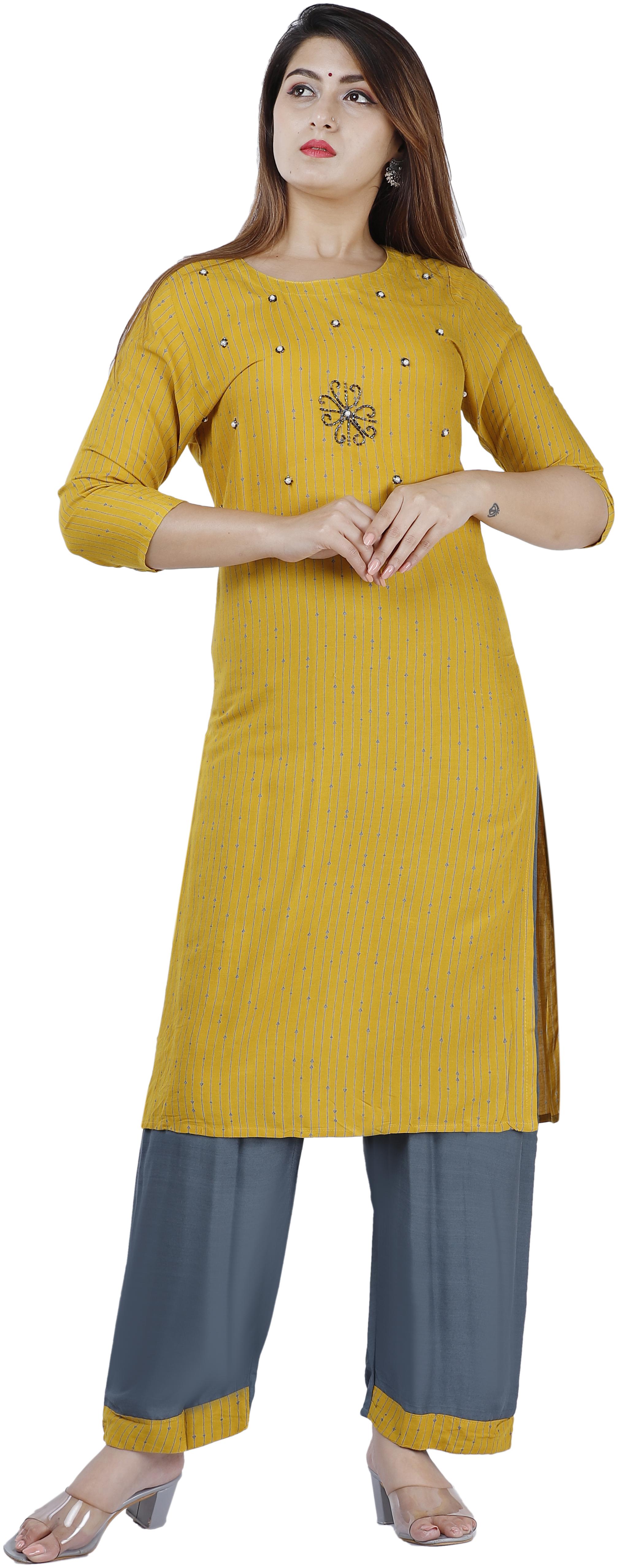 

Orange DesignerViscose Rayon Mustard Embellished Kurti Palazzo For Women