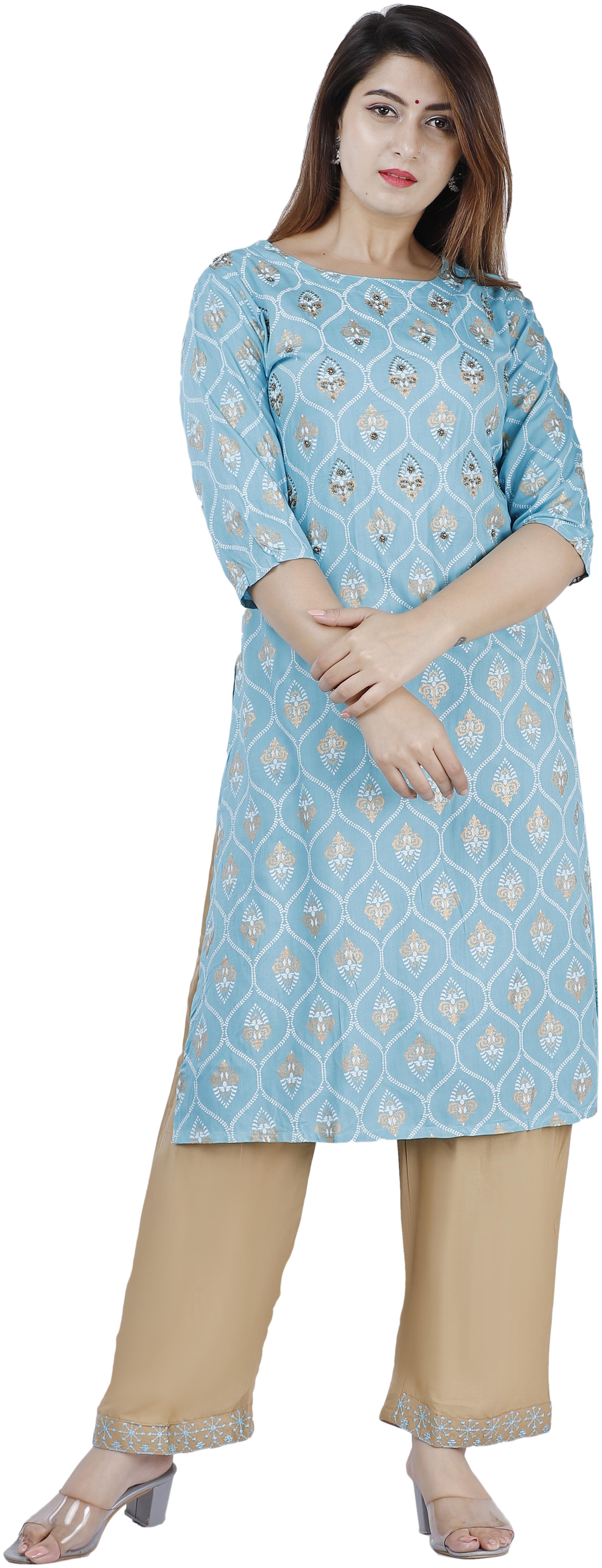 

Orange DesignerViscose Rayon Blue Embellished Kurti Palazzo For Women