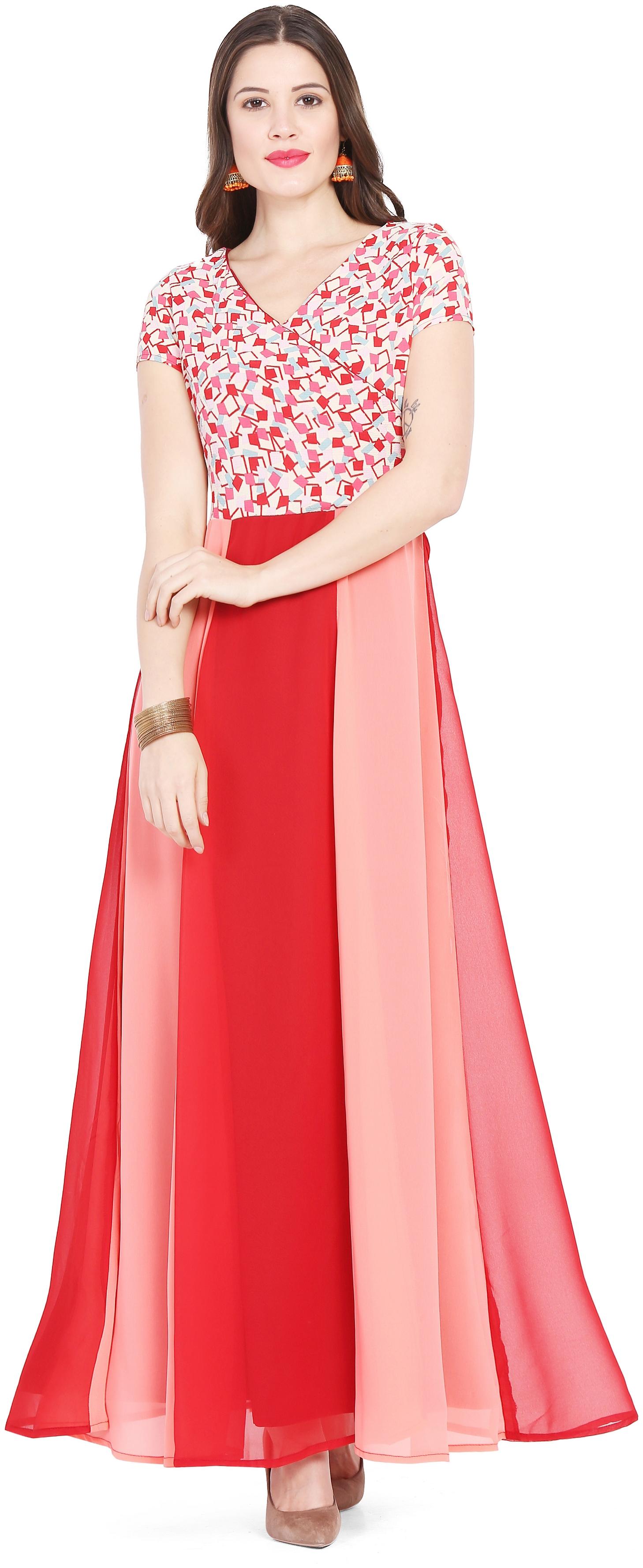 

ORANGE PEACH TWO SHADE VAN VAN PRINT OVERLAP GOWN