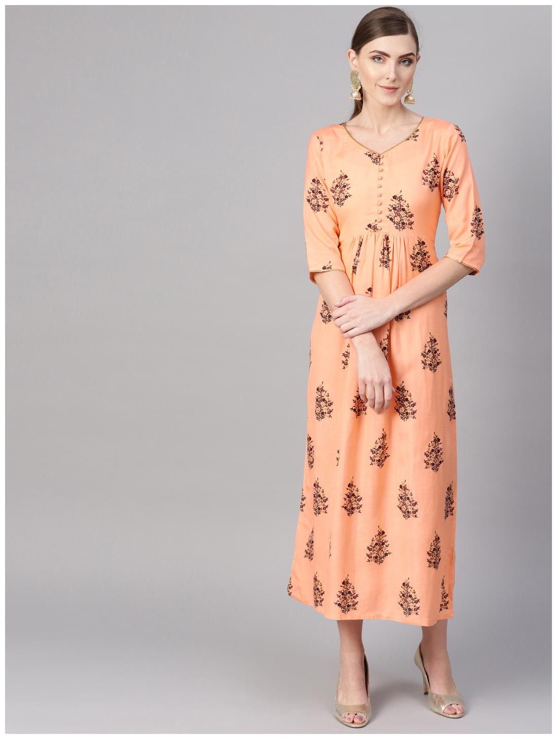 

Orange Rayon Block Printed Fit And Flared Maxi Dress