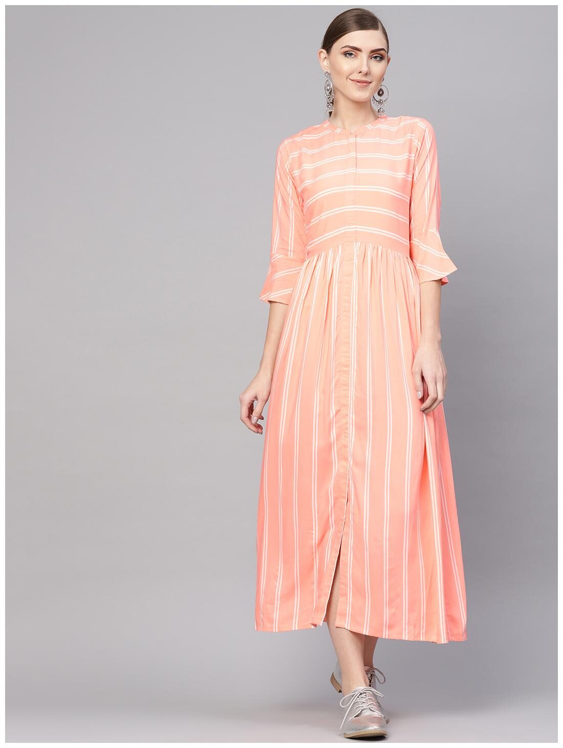 

Orange Rayon Striped Fit And Flared Maxi Dress