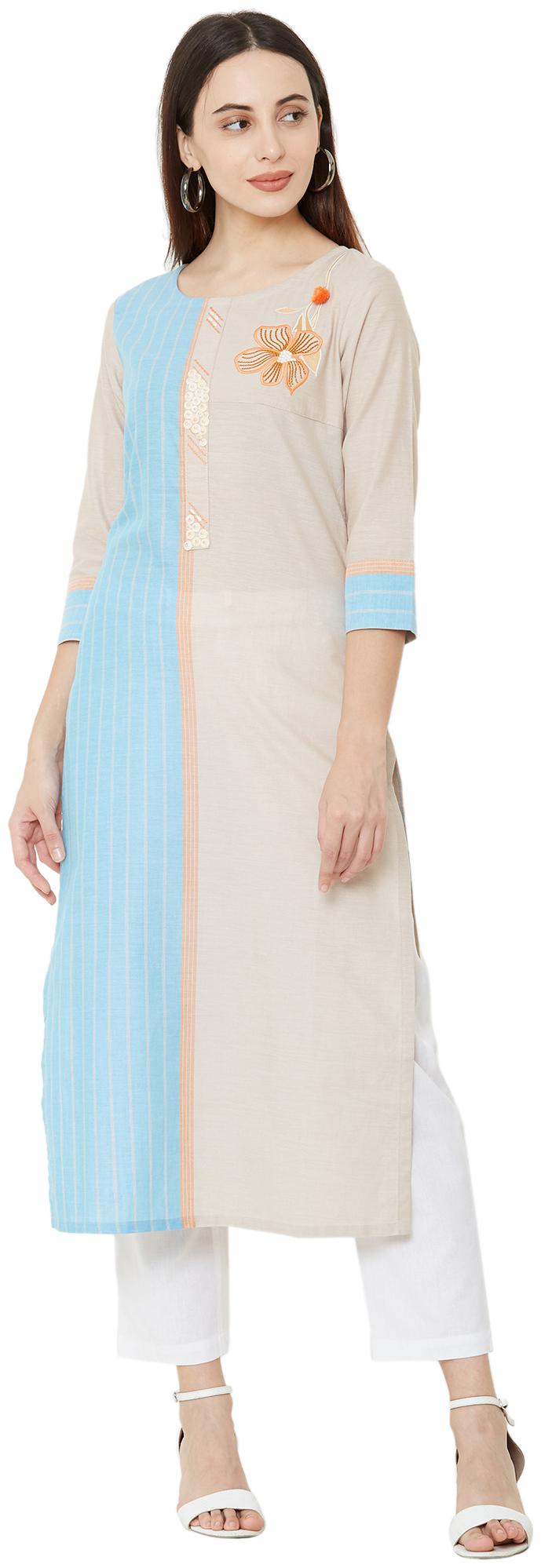 

OS Women Beige Embroidered Straight Kurti