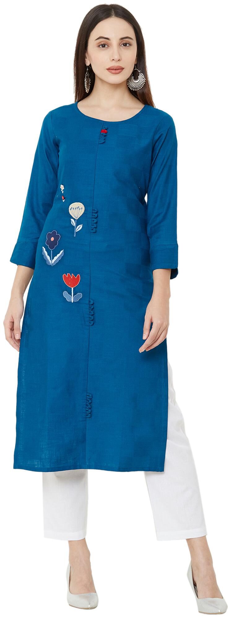 

OS Women Blue Embroidered Straight Kurti